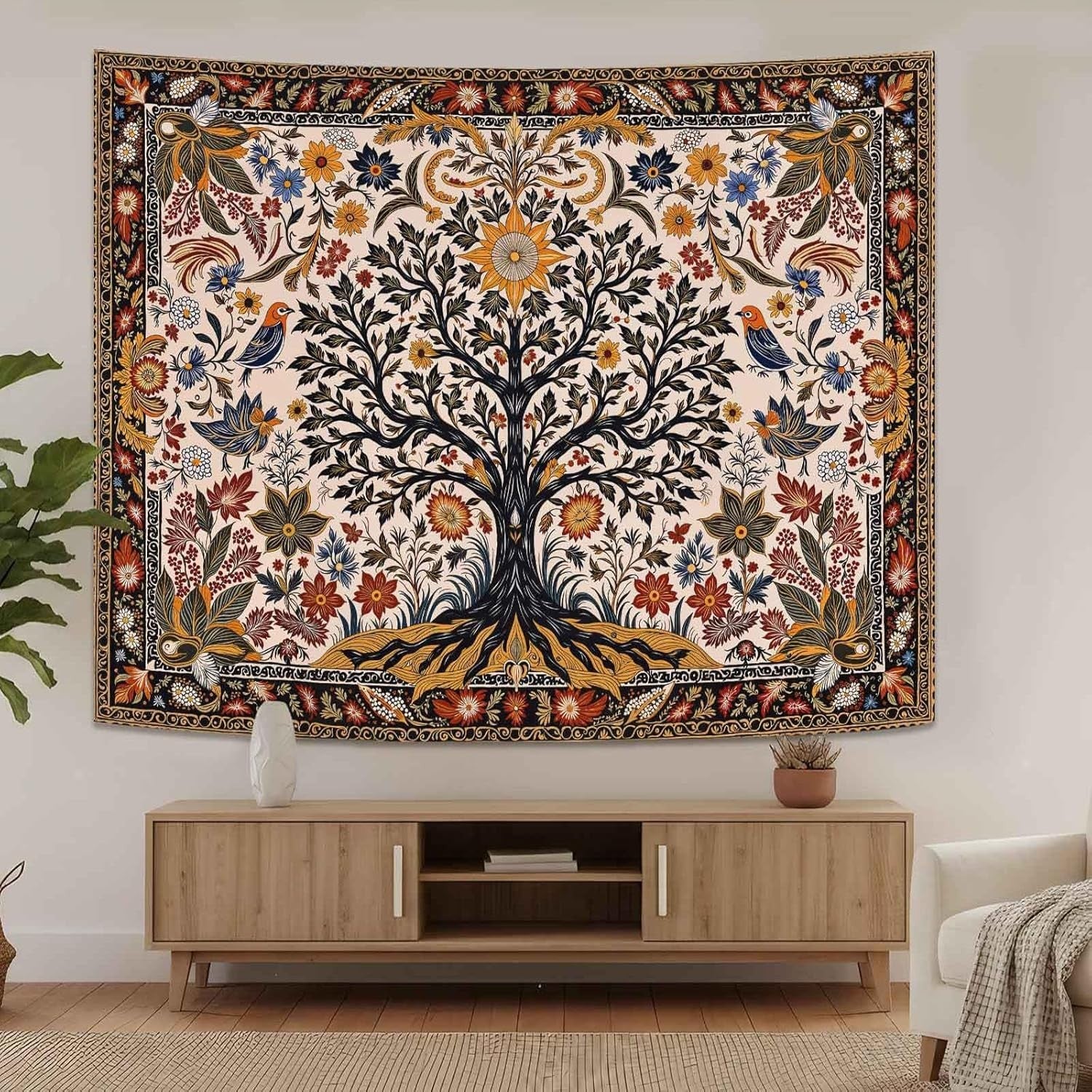 Folk Art Tree of Life Tapestry Sun & Birds Boho 80x60 - Kwikley