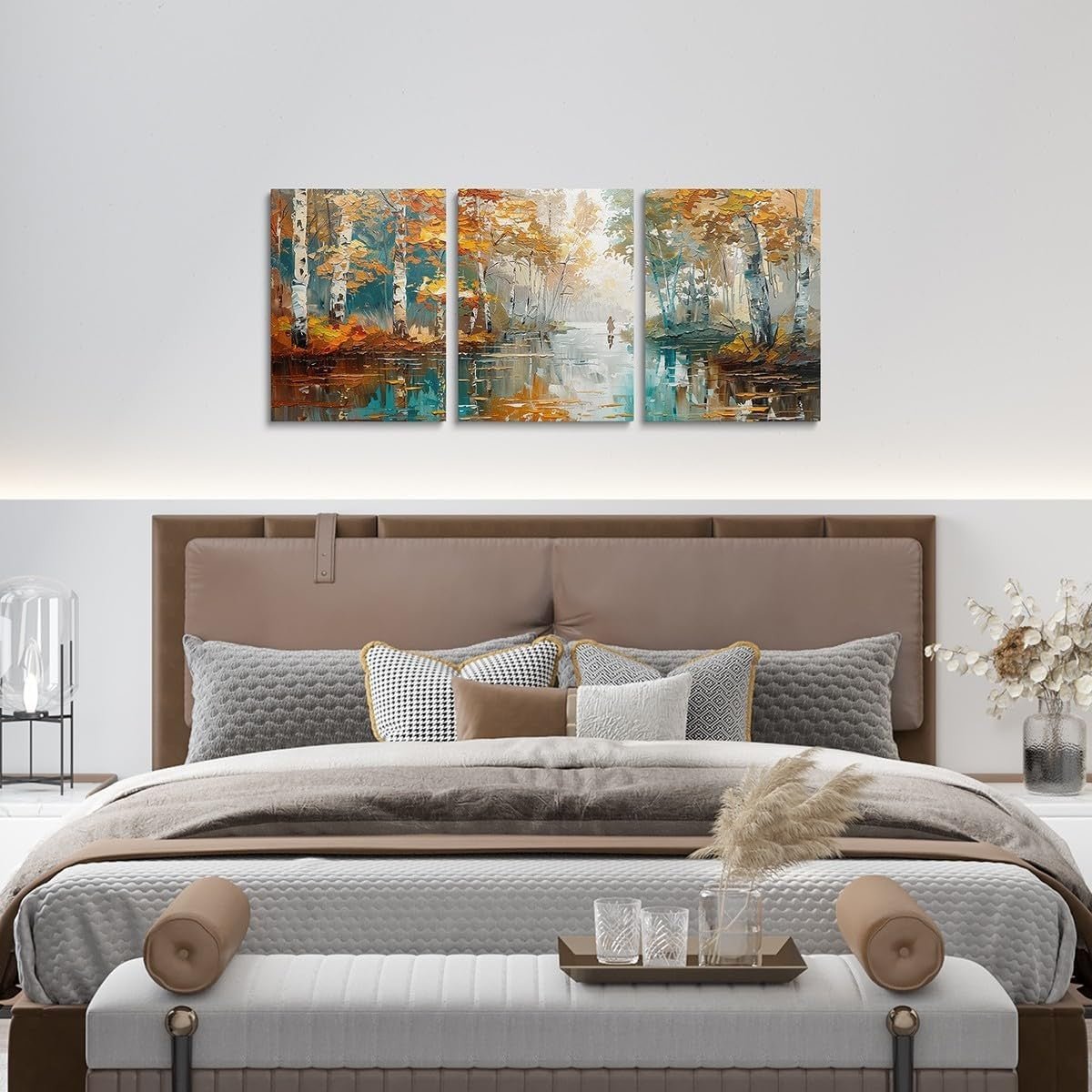 Forest Lake Canvas Wall Art Set of 3 Colourful Framed - Kwikley