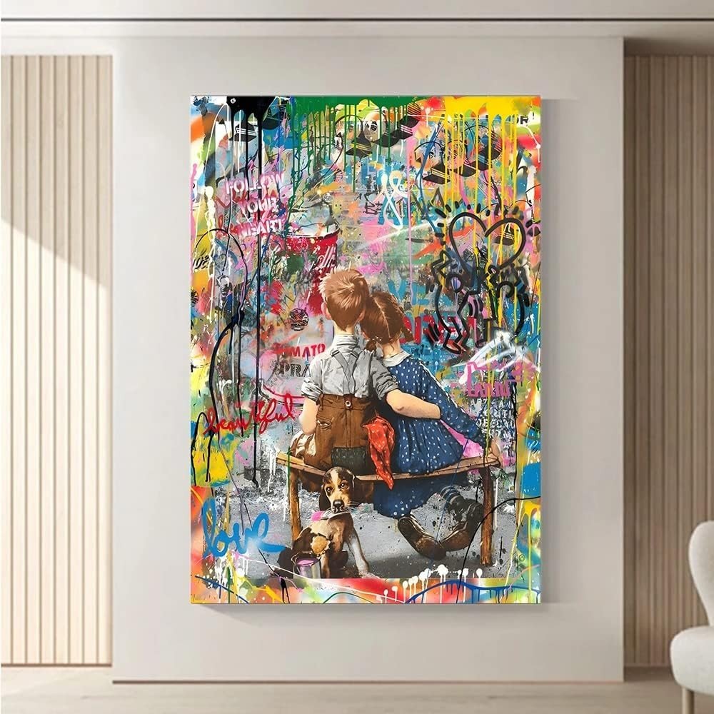 Framed Banksy Street Graffiti Canvas – Large Modern Abstract Wall Art - Kwikley