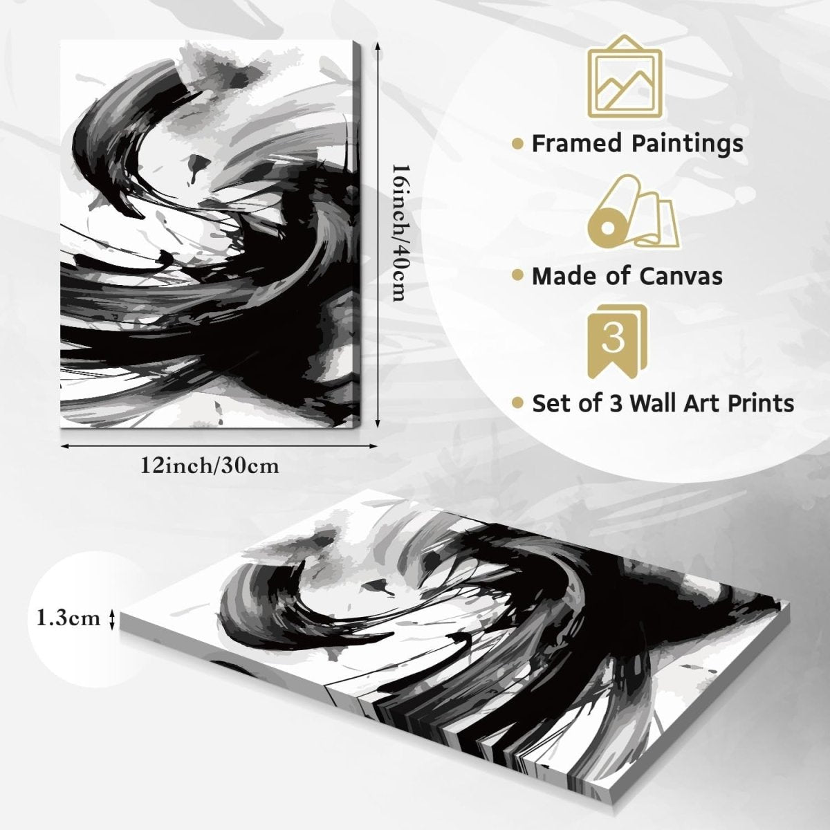 Framed Black White Abstract Wall Art Set 3 12x16in - Kwikley