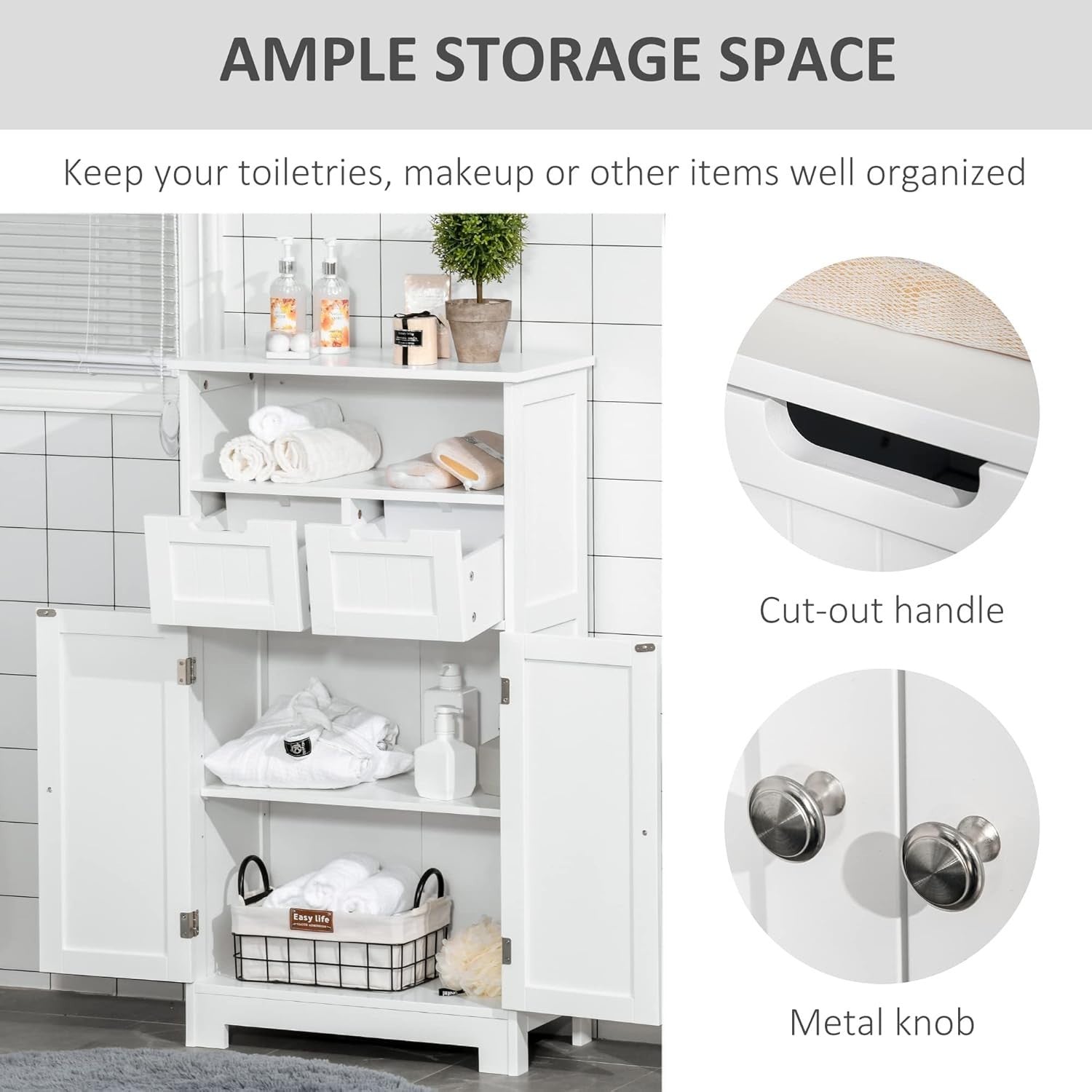 Free Standing Bathroom Cabinet with 2 Drawers & Adjustable Shelf, White Storage - Kwikley