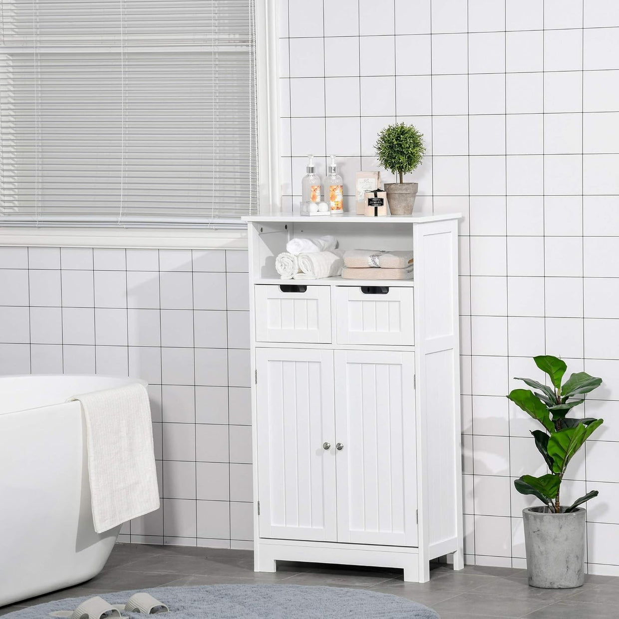 Free Standing Bathroom Cabinet with 2 Drawers & Adjustable Shelf, White Storage - Kwikley