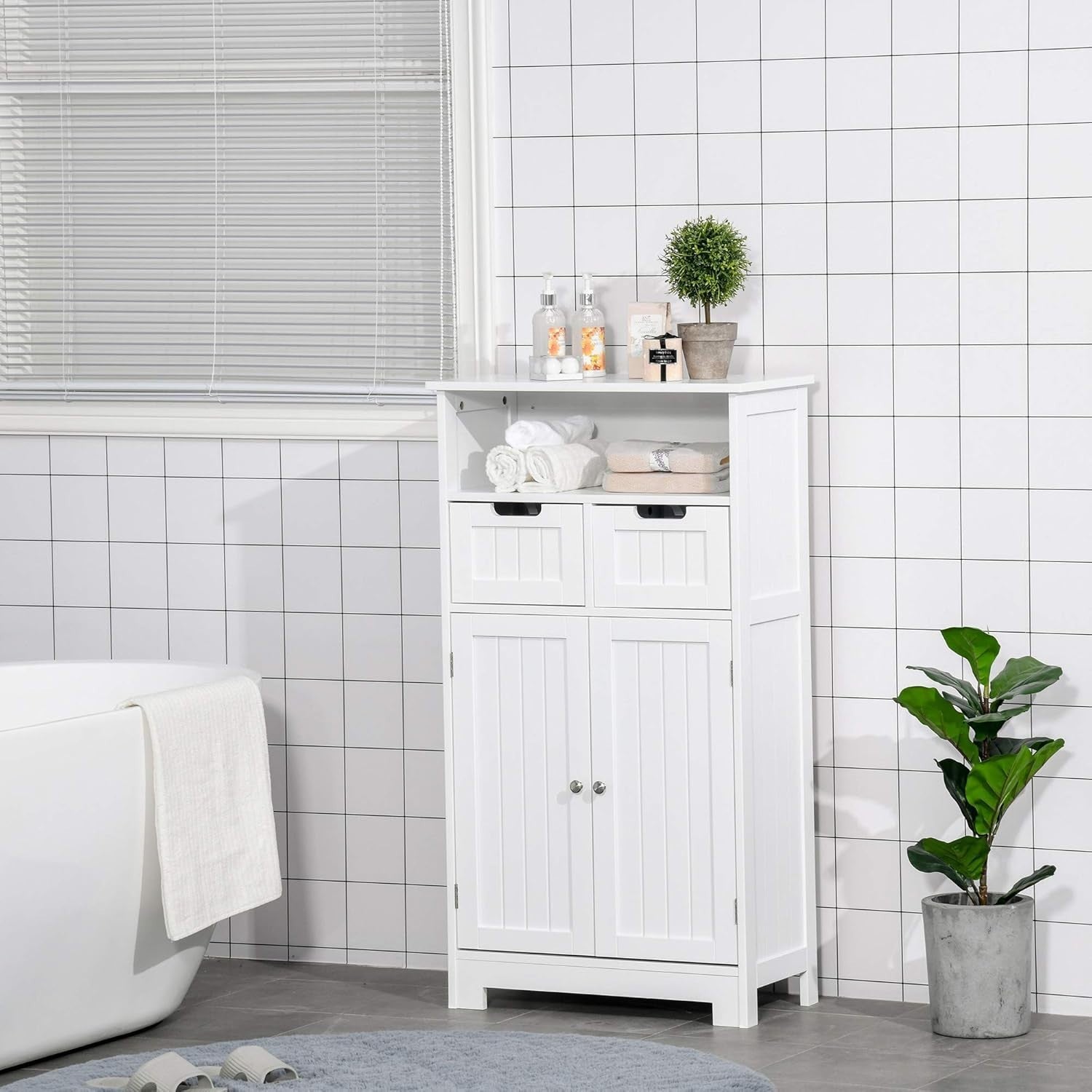 Free Standing Bathroom Cabinet with 2 Drawers & Adjustable Shelf, White Storage - Kwikley