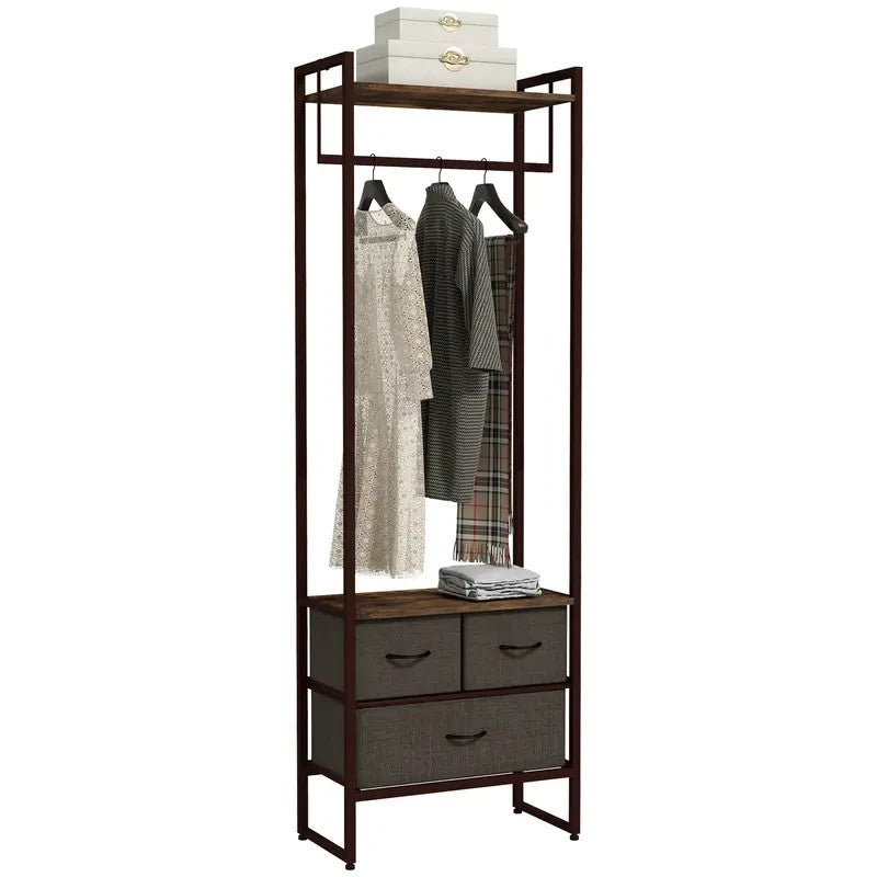 Free Standing Clothes Rail with Shelves & Drawers – Rustic Brown - Kwikley