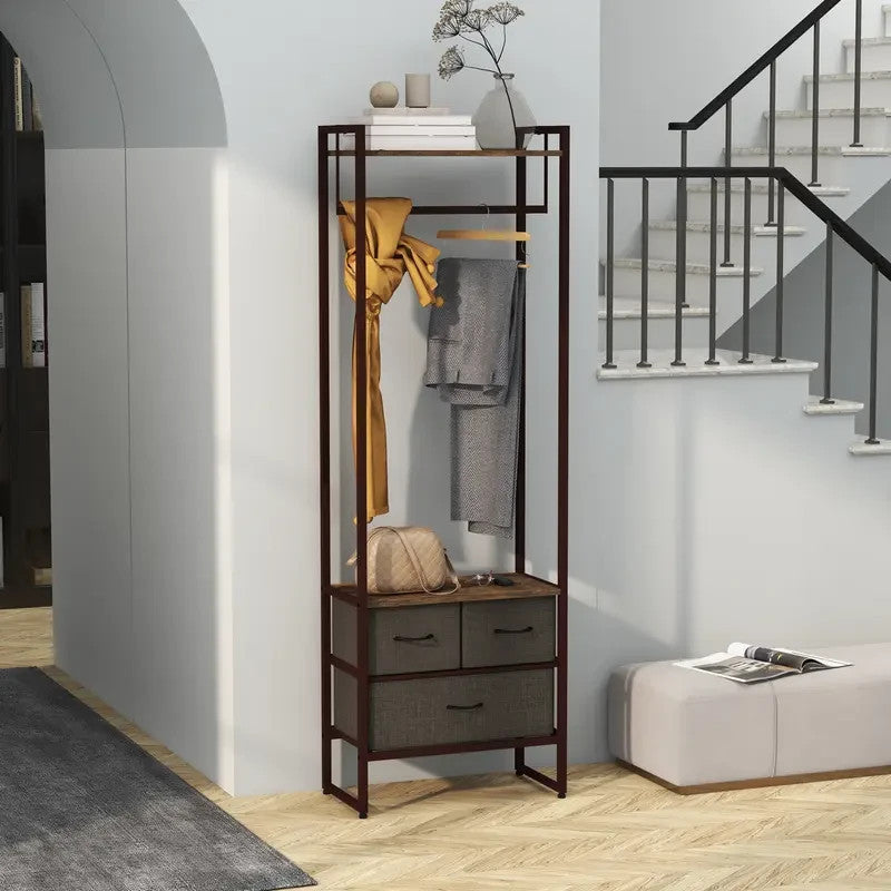 Free Standing Clothes Rail with Shelves & Drawers – Rustic Brown - Kwikley
