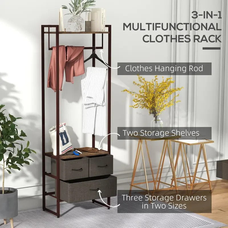 Free Standing Clothes Rail with Shelves & Drawers – Rustic Brown - Kwikley