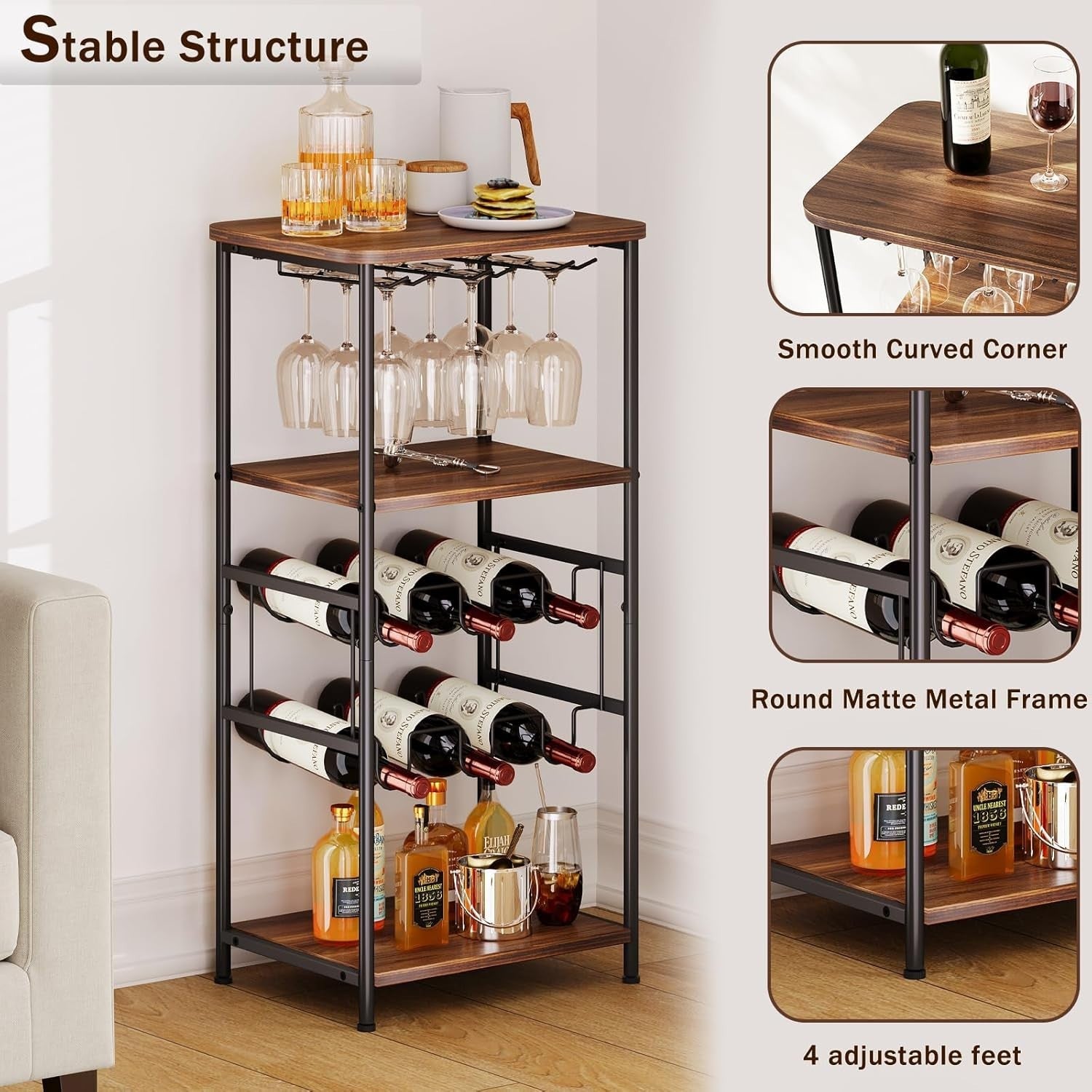Free Standing Wine Rack with Glass Holder, 2 - Tier Storage Shelves - Kwikley