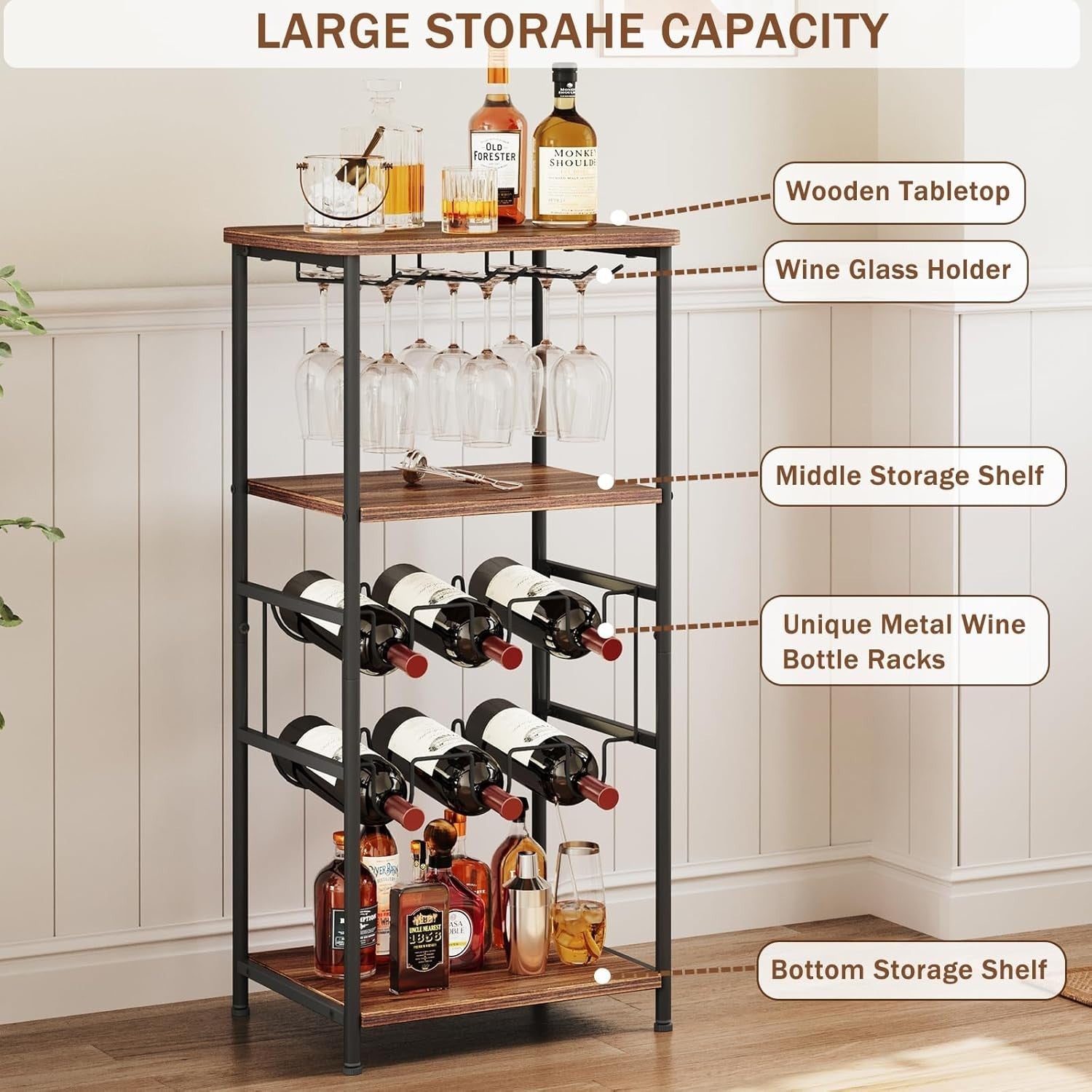 Free Standing Wine Rack with Glass Holder, 2 - Tier Storage Shelves - Kwikley