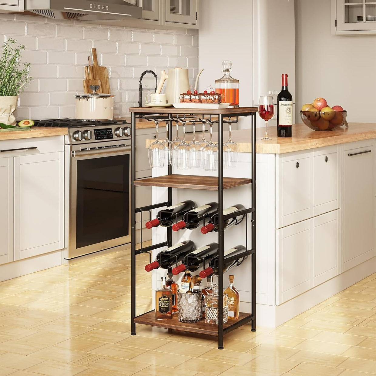 Free Standing Wine Rack with Glass Holder, 2 - Tier Storage Shelves - Kwikley