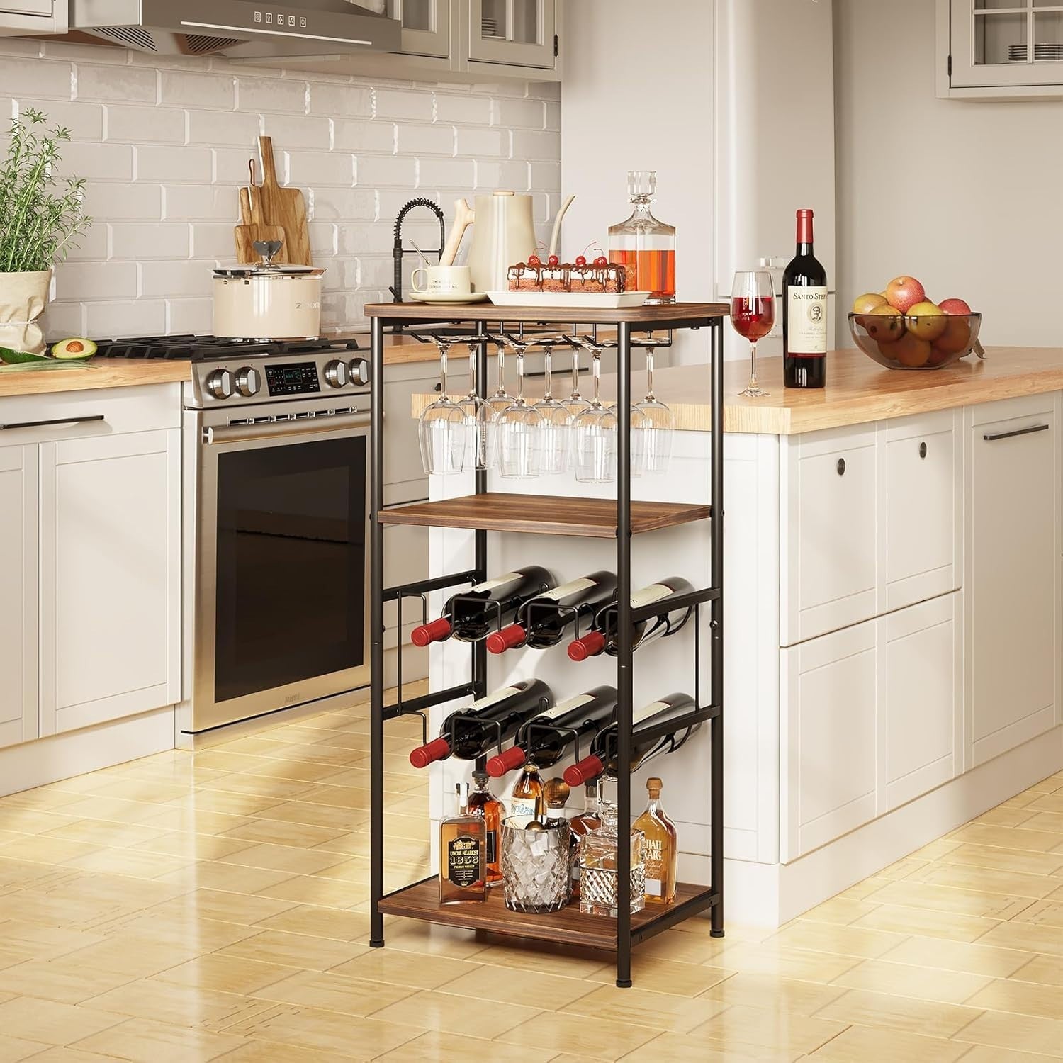 Free Standing Wine Rack with Glass Holder, 2 - Tier Storage Shelves - Kwikley