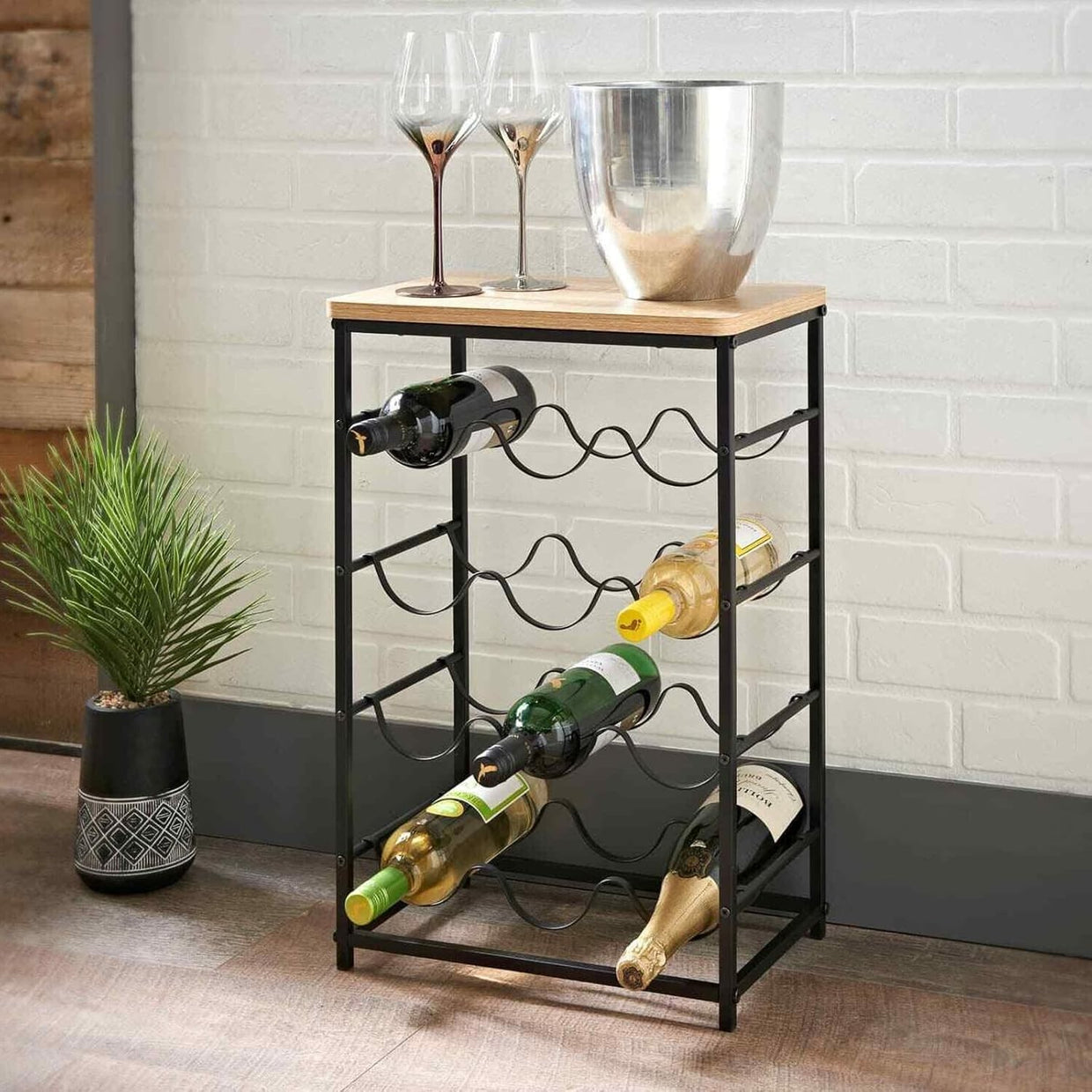 Freestanding 12 Bottle Wine Rack with Oak Top Shelf | Metal Bar Storage Black - Kwikley