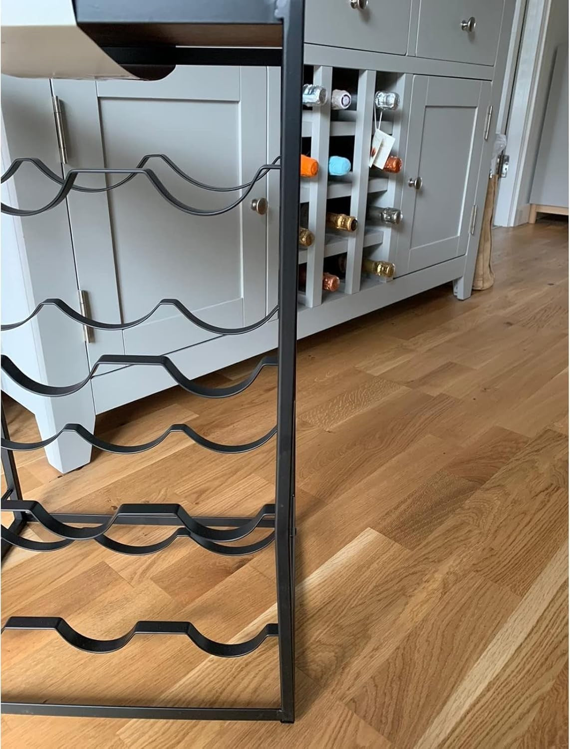 Freestanding 12 Bottle Wine Rack with Oak Top Shelf | Metal Bar Storage Black - Kwikley