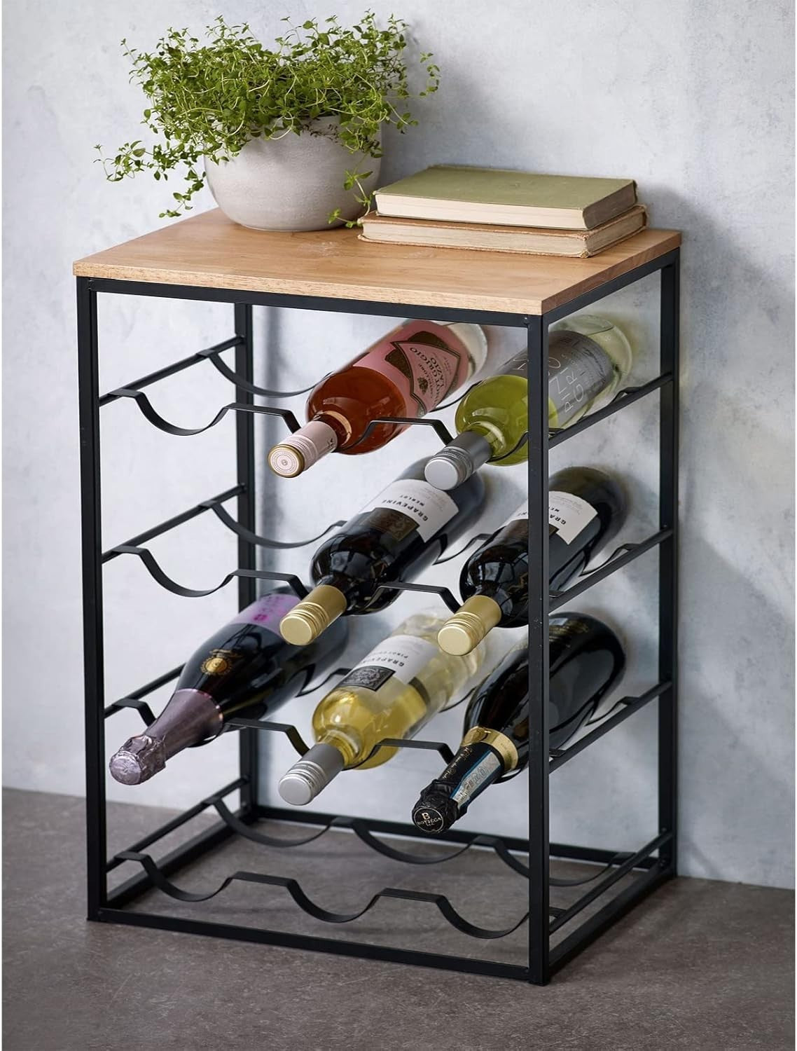 Freestanding 12 Bottle Wine Rack with Oak Top Shelf | Metal Bar Storage Black - Kwikley