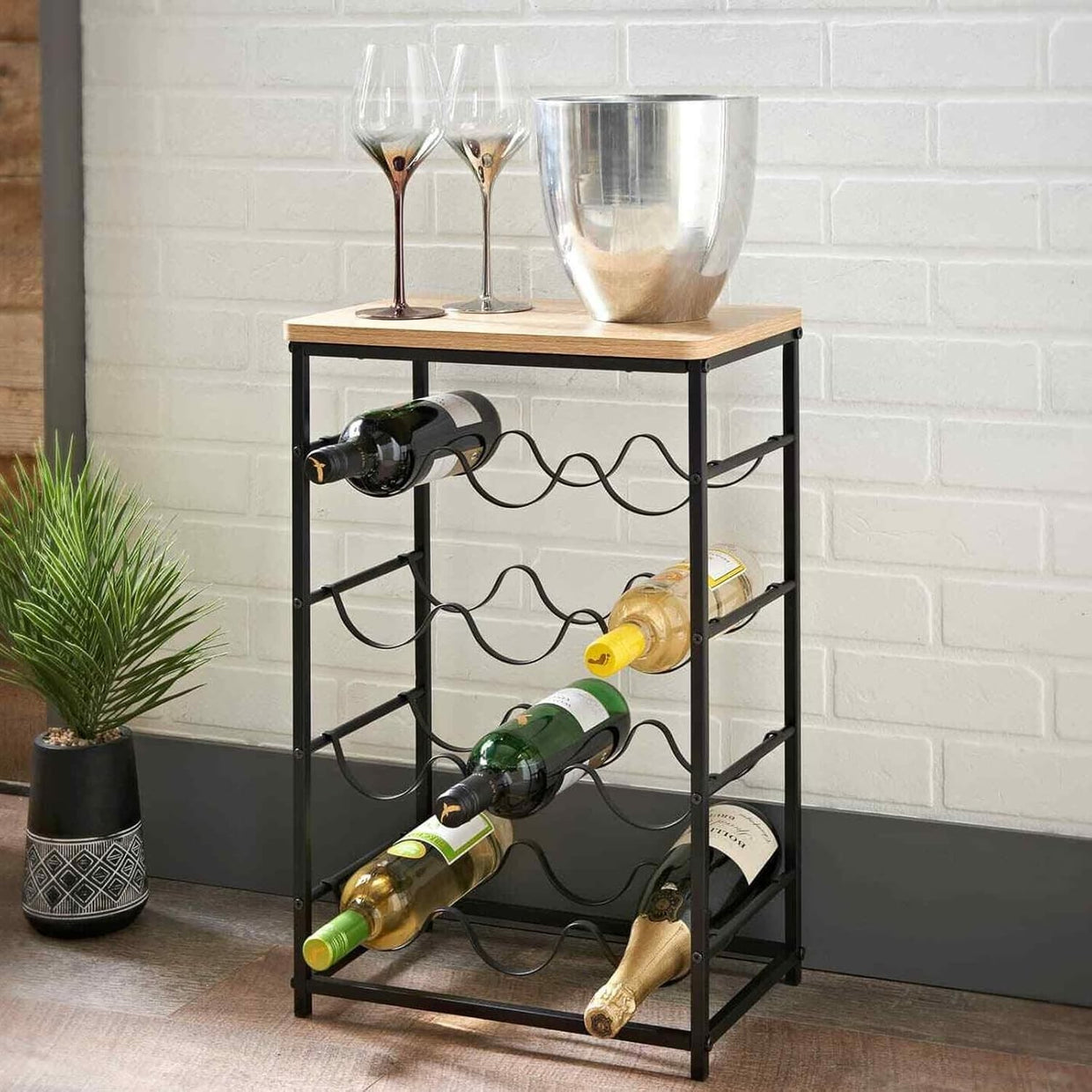Freestanding 12 Bottle Wine Rack with Oak Top Shelf | Metal Bar Storage Black - Kwikley