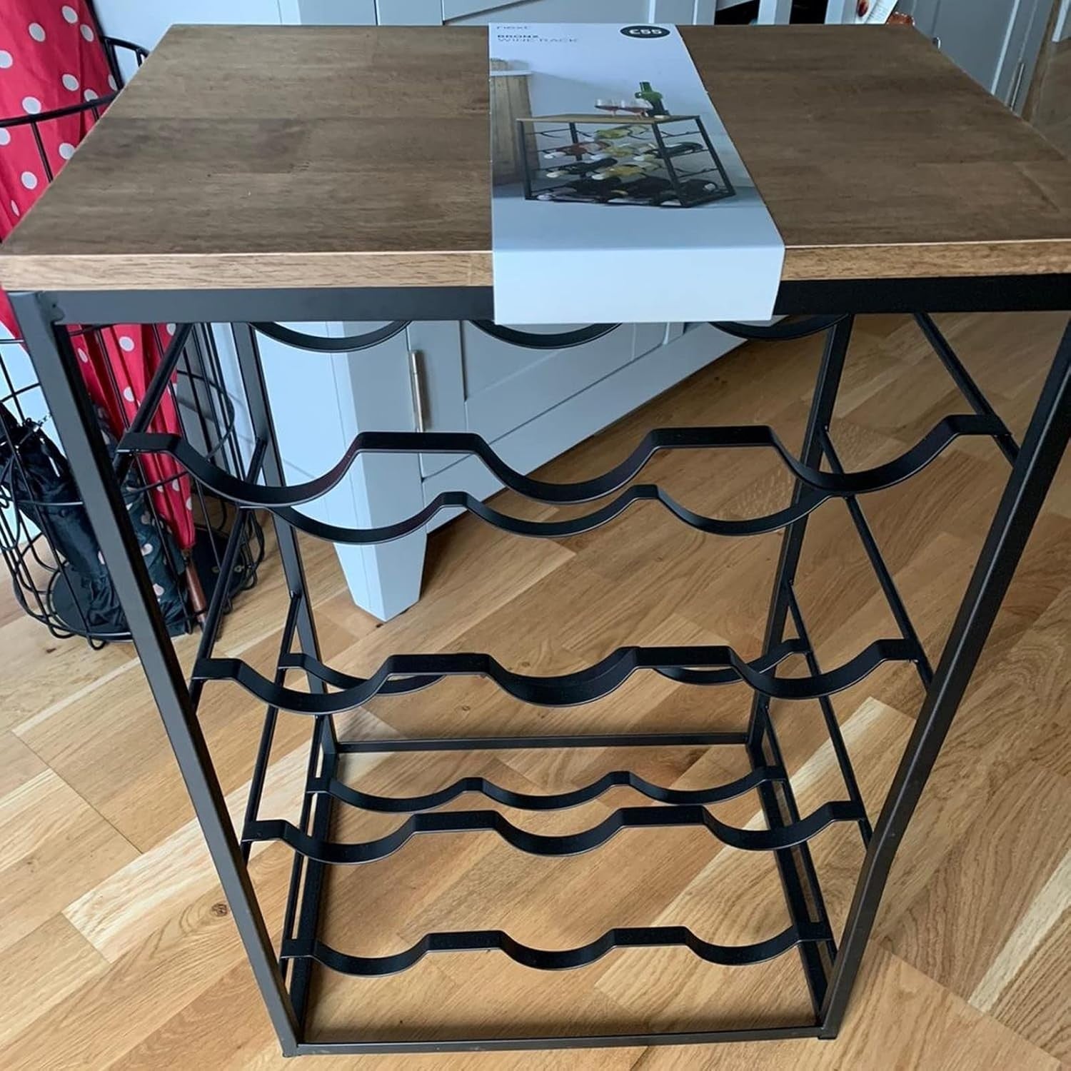 Freestanding 12 Bottle Wine Rack with Oak Top Shelf | Metal Bar Storage Black - Kwikley