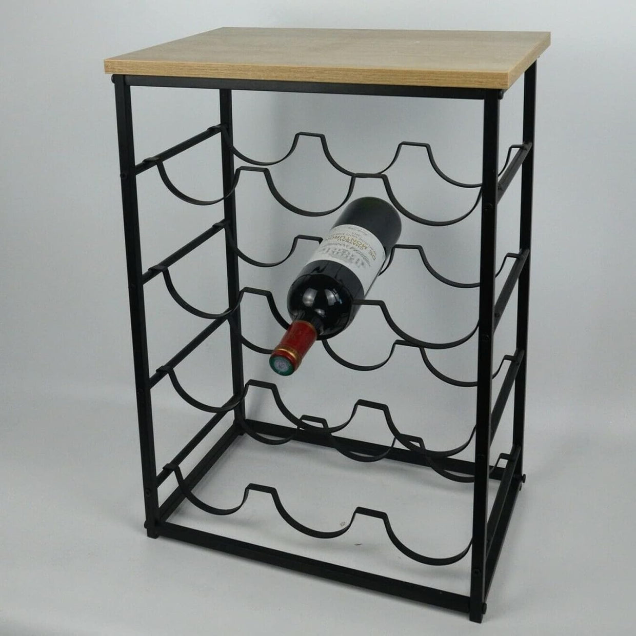 Freestanding 12 Bottle Wine Rack with Oak Top Shelf | Metal Bar Storage Black - Kwikley
