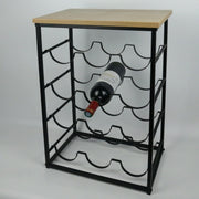 Freestanding 12 Bottle Wine Rack with Oak Top Shelf | Metal Bar Storage Black - Kwikley