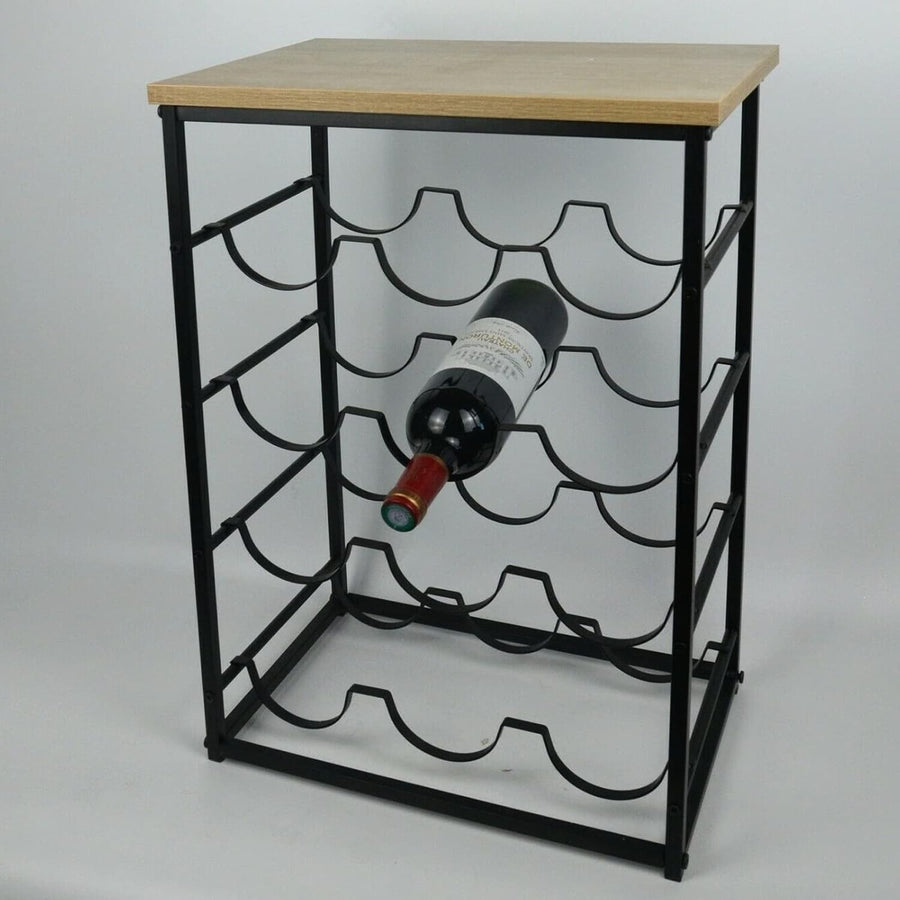 Freestanding 12 Bottle Wine Rack with Oak Top Shelf | Metal Bar Storage Black - Kwikley