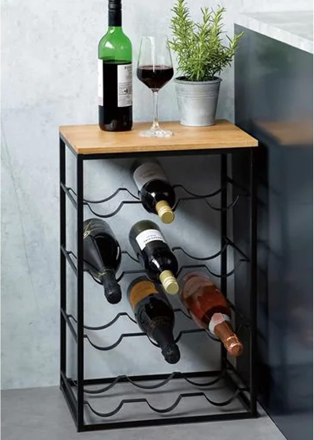 Freestanding 12 Bottle Wine Rack with Oak Top Shelf | Metal Bar Storage Black - Kwikley