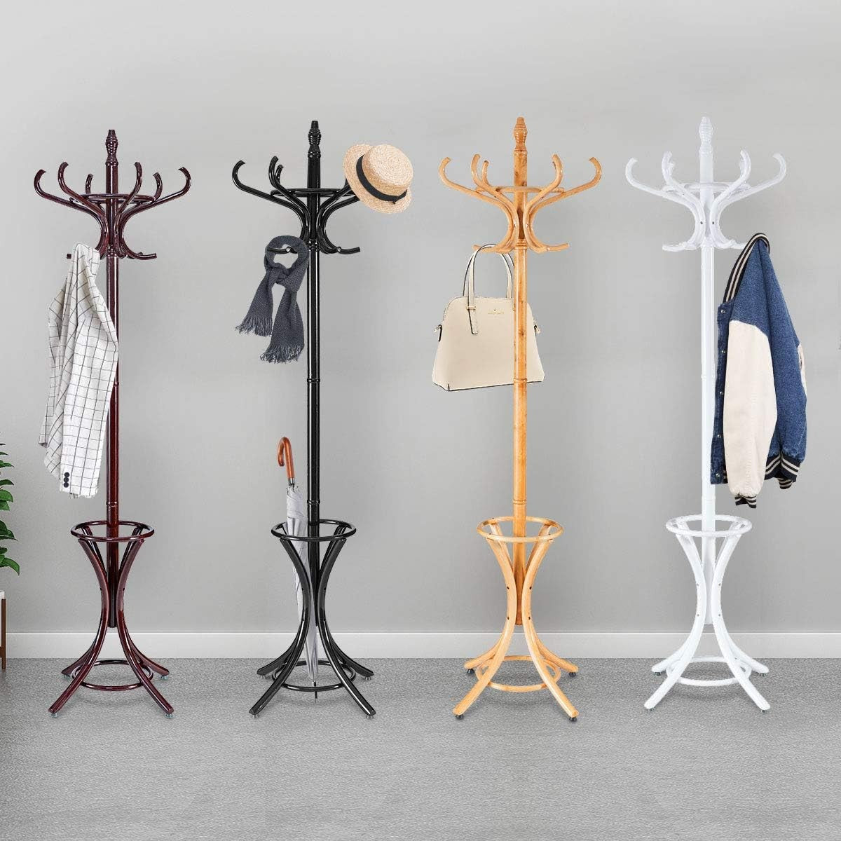 Freestanding 12 Hook Wooden Coat Rack with Umbrella Holder – White Hall Tree Sta - Kwikley