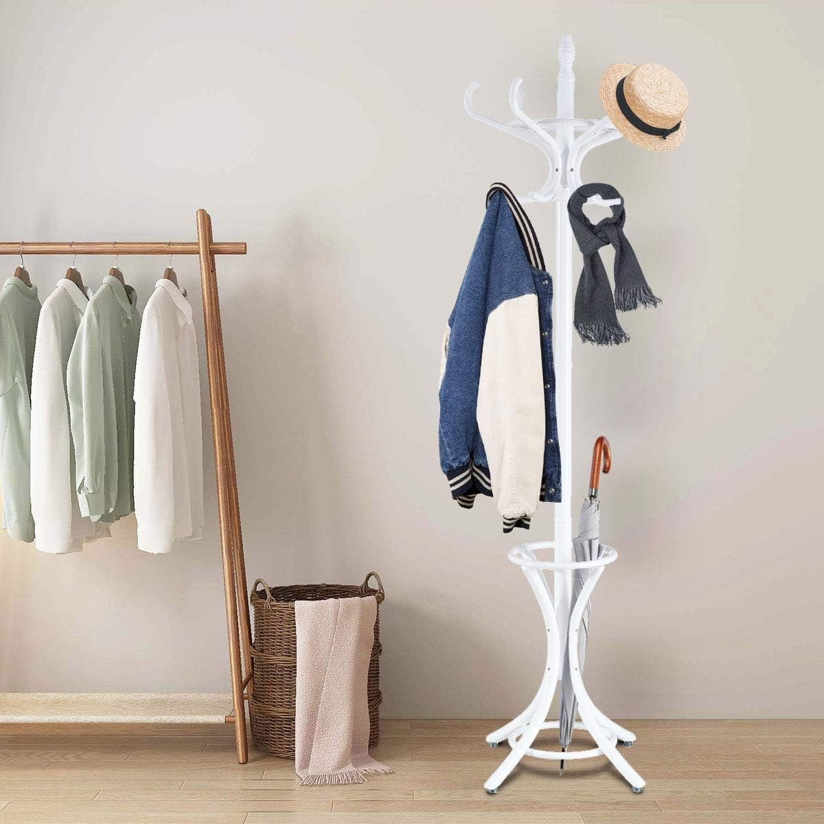 Freestanding 12 Hook Wooden Coat Rack with Umbrella Holder – White Hall Tree Sta - Kwikley