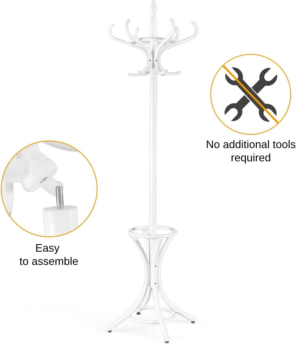 Freestanding 12 Hook Wooden Coat Rack with Umbrella Holder – White Hall Tree Sta - Kwikley