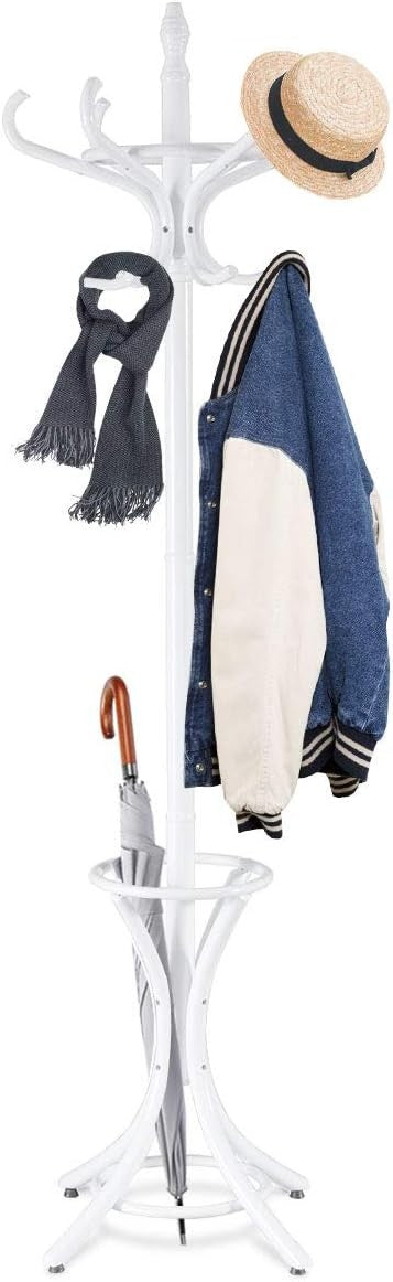 Freestanding 12 Hook Wooden Coat Rack with Umbrella Holder – White Hall Tree Sta - Kwikley