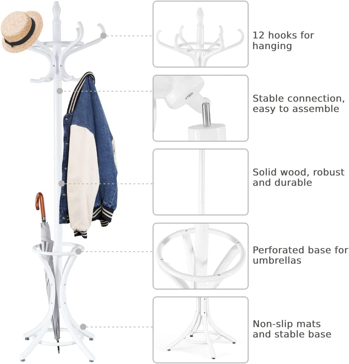Freestanding 12 Hook Wooden Coat Rack with Umbrella Holder – White Hall Tree Sta - Kwikley