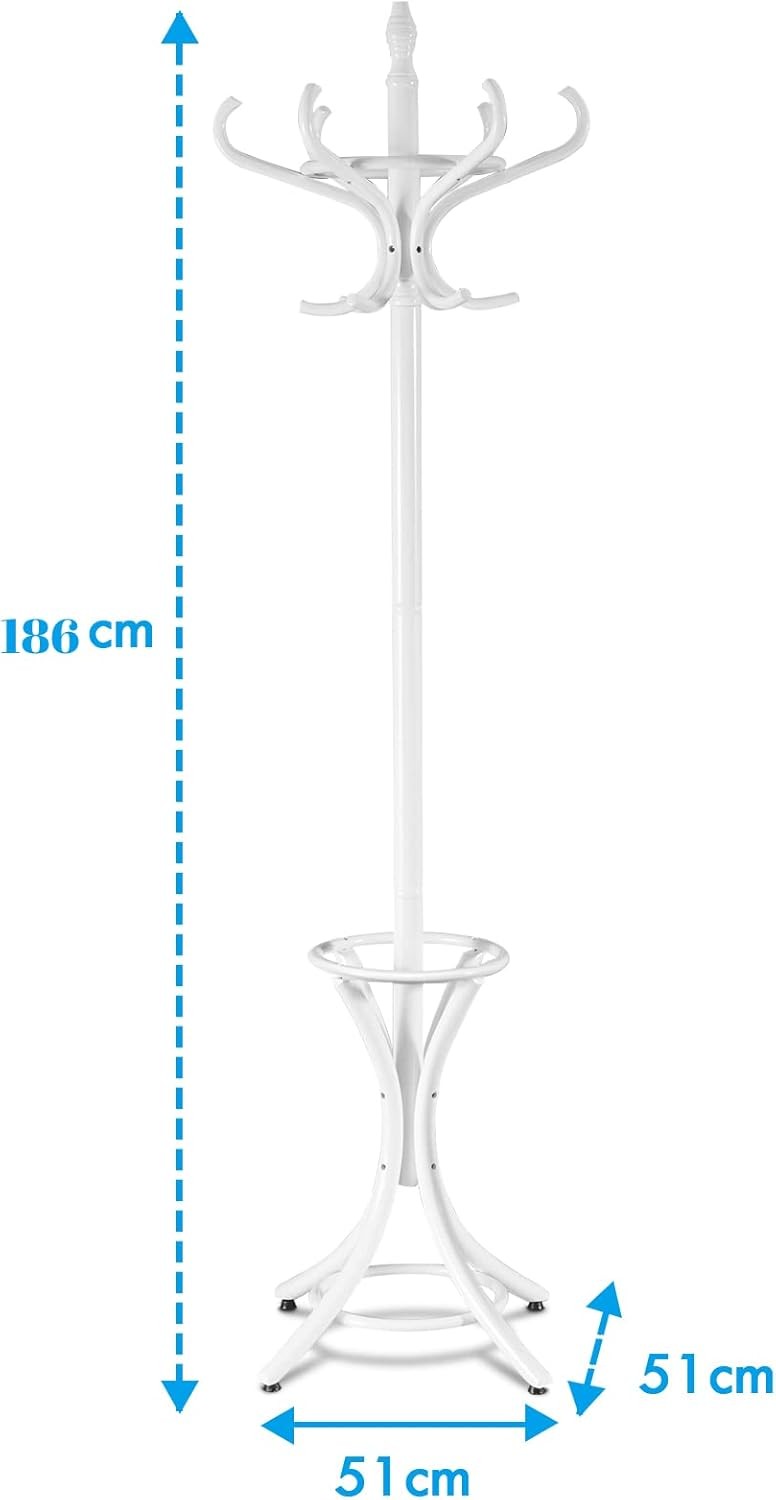 Freestanding 12 Hook Wooden Coat Rack with Umbrella Holder – White Hall Tree Sta - Kwikley