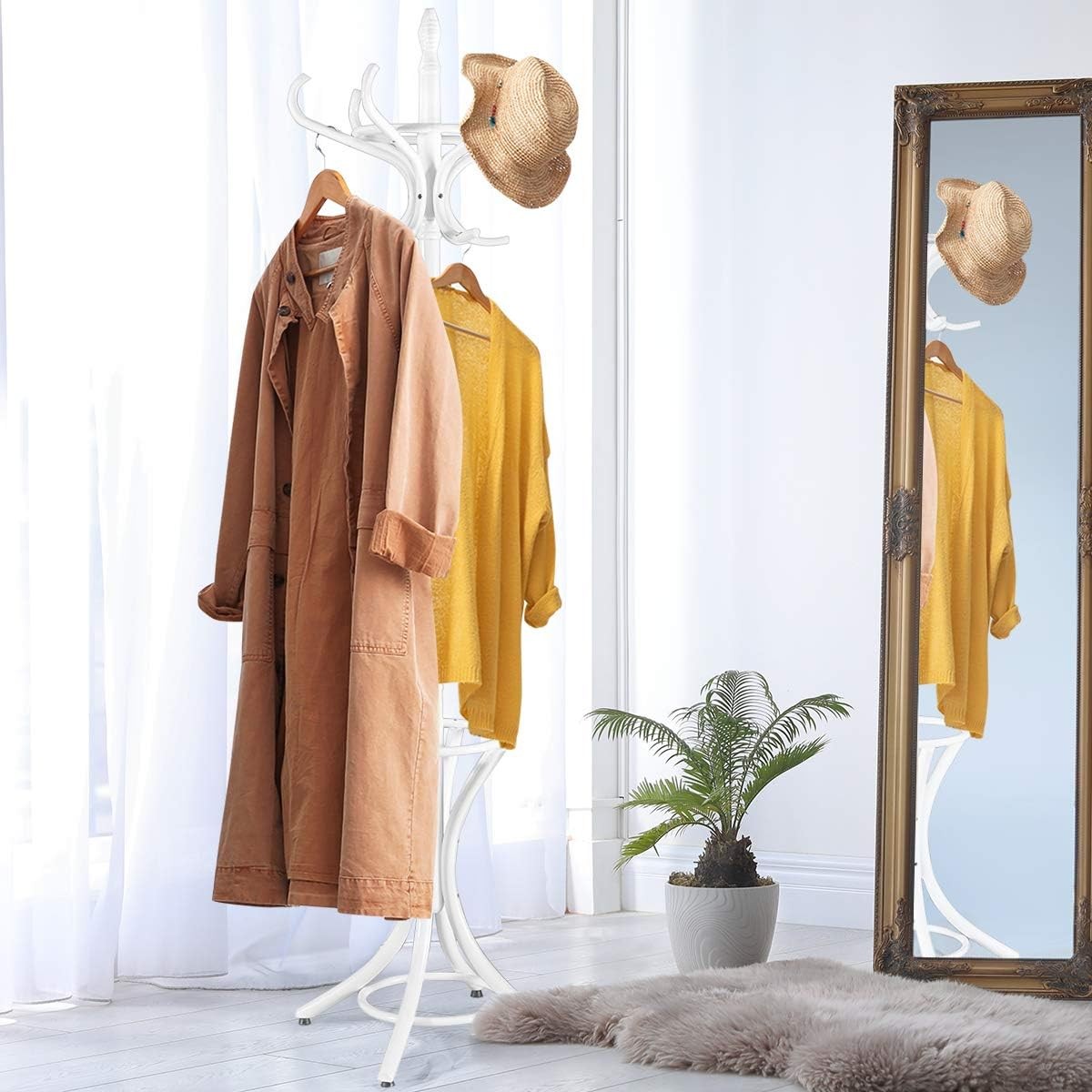 Freestanding 12 Hook Wooden Coat Rack with Umbrella Holder – White Hall Tree Sta - Kwikley