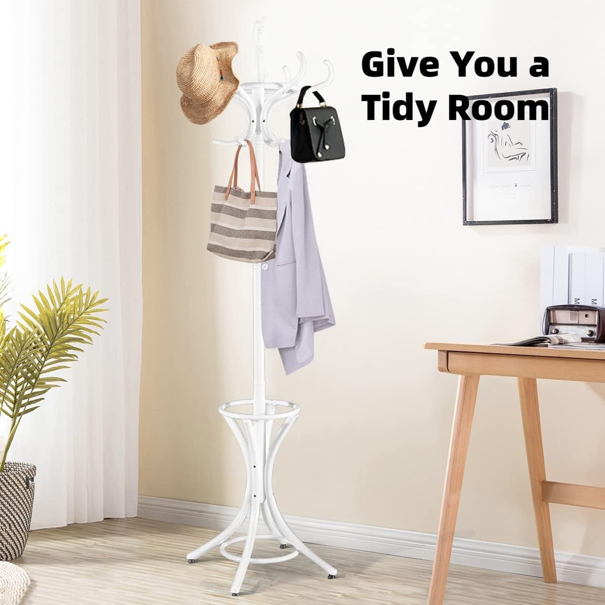 Freestanding 12 Hook Wooden Coat Rack with Umbrella Holder – White Hall Tree Sta - Kwikley
