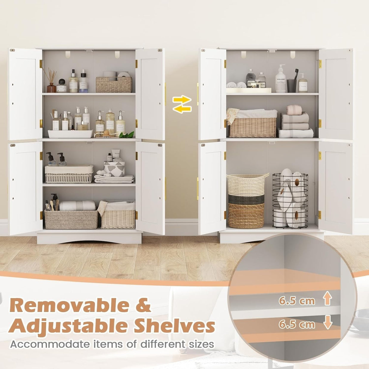 Freestanding Bathroom Floor Cabinet 4 Doors 2 Adjustable Shelves 110cm - Kwikley