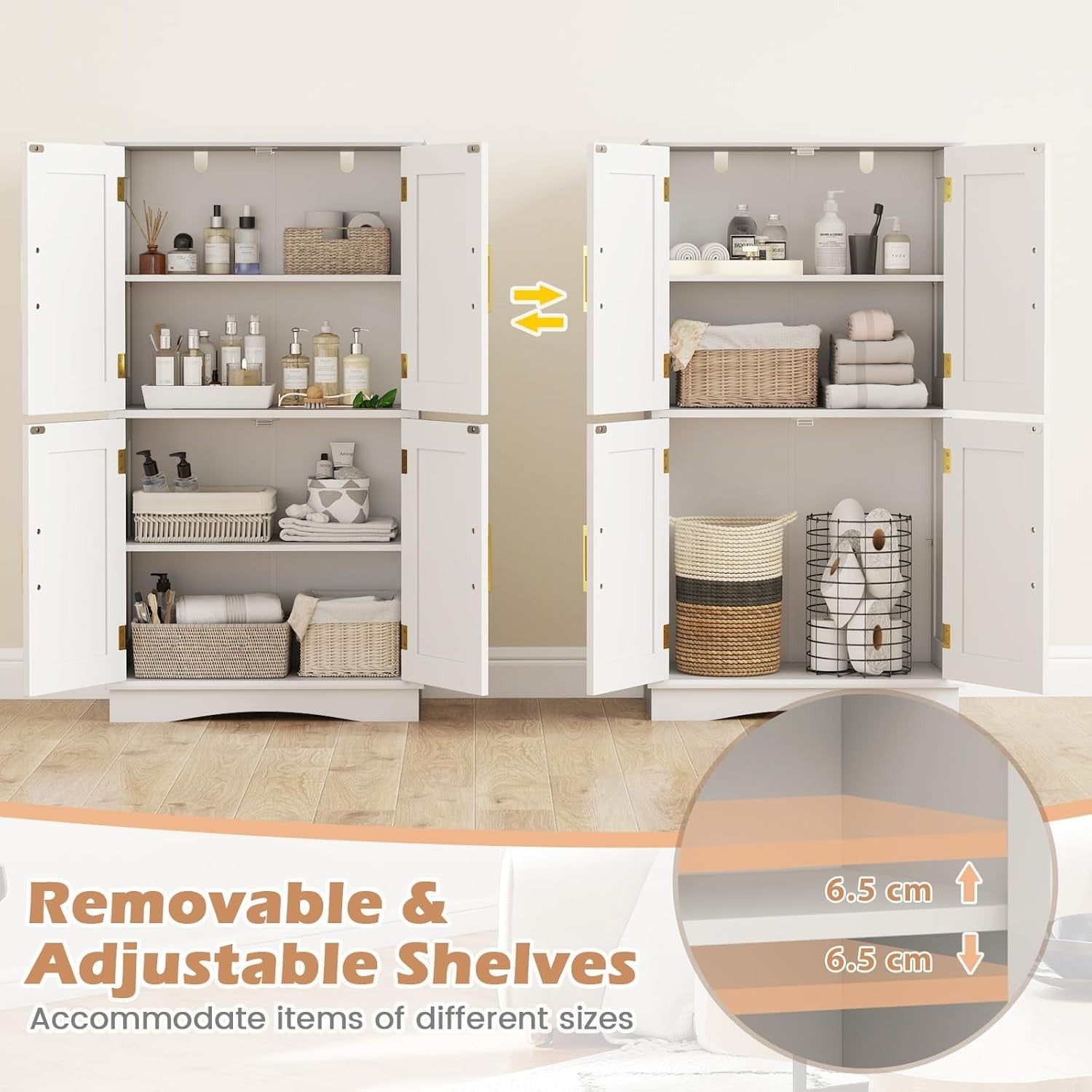 Freestanding Bathroom Floor Cabinet 4 Doors 2 Adjustable Shelves 110cm - Kwikley