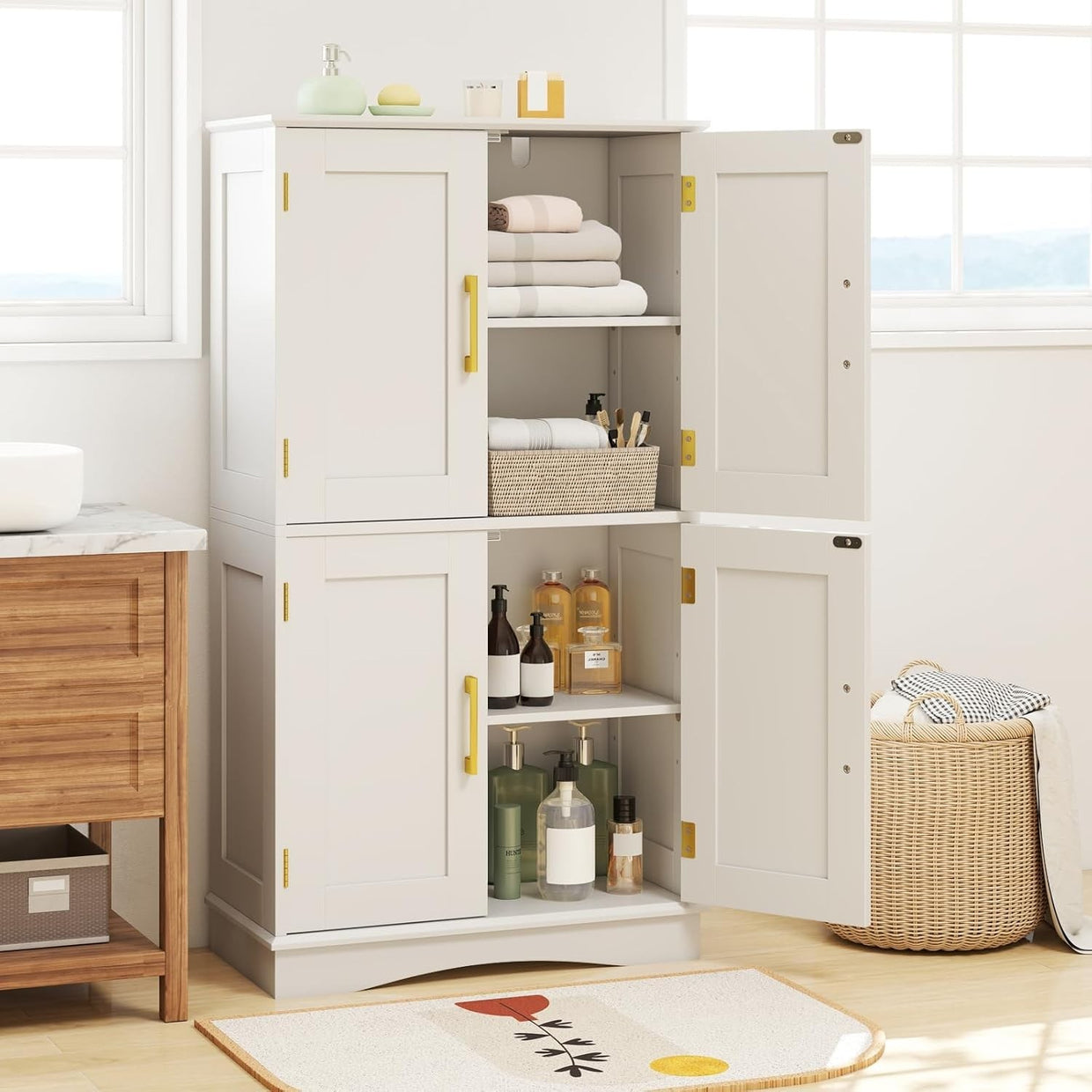 Freestanding Bathroom Floor Cabinet 4 Doors 2 Adjustable Shelves 110cm - Kwikley