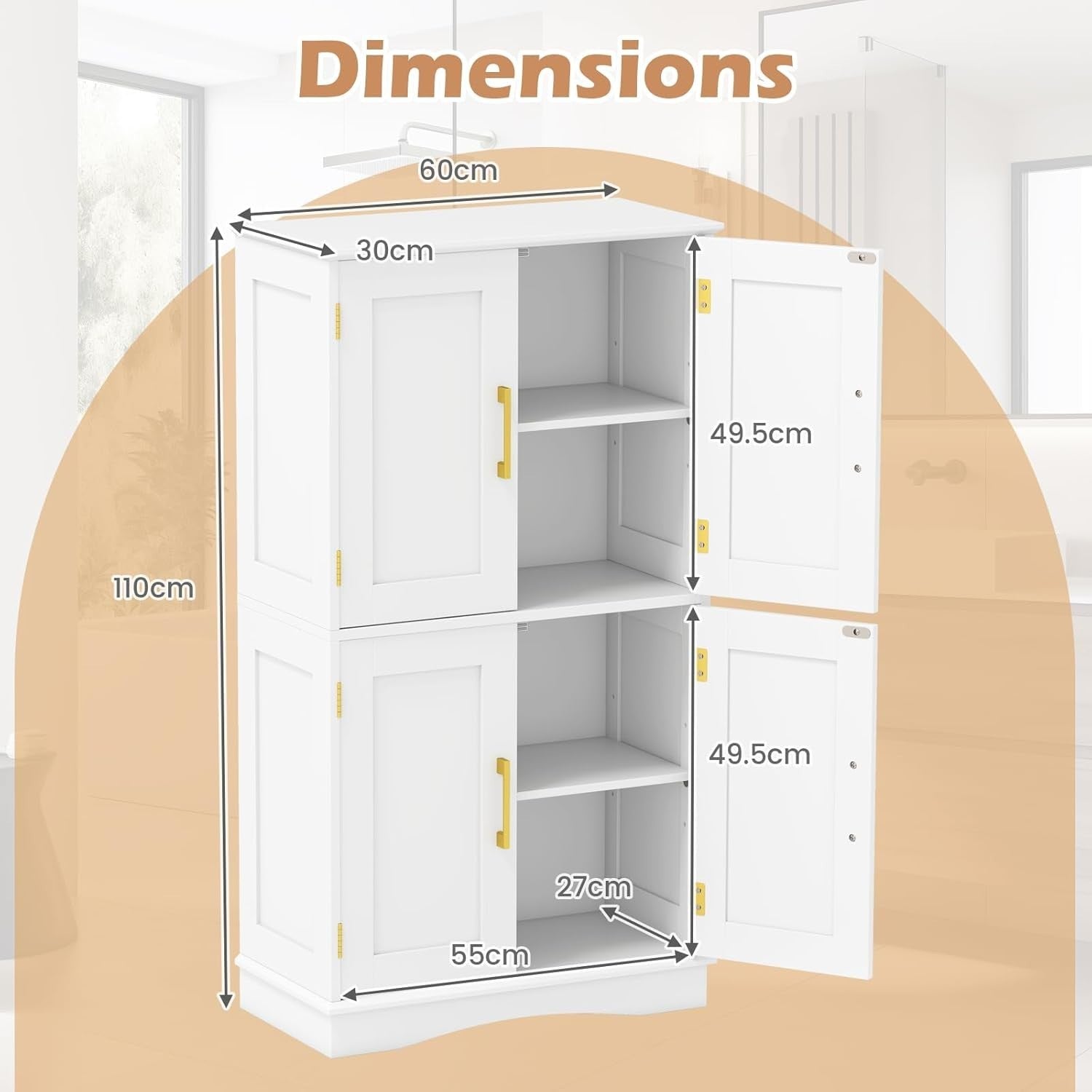Freestanding Bathroom Floor Cabinet 4 Doors 2 Adjustable Shelves 110cm - Kwikley
