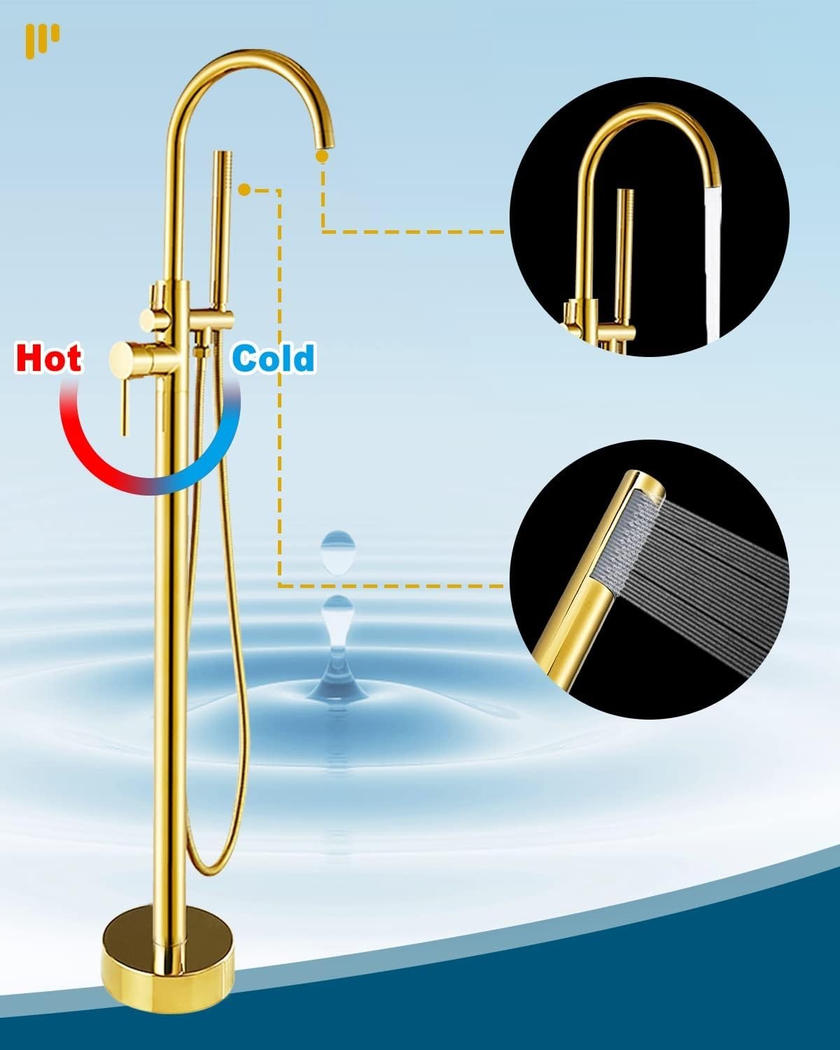 Freestanding Bathtub Tap Floor Mounted Shower Faucet Golden Brass Mixer - Kwikley