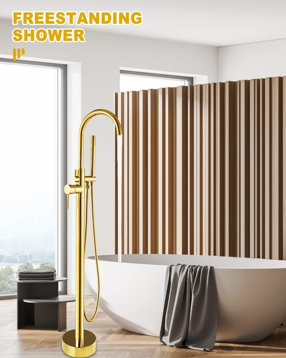 Freestanding Bathtub Tap Floor Mounted Shower Faucet Golden Brass Mixer - Kwikley
