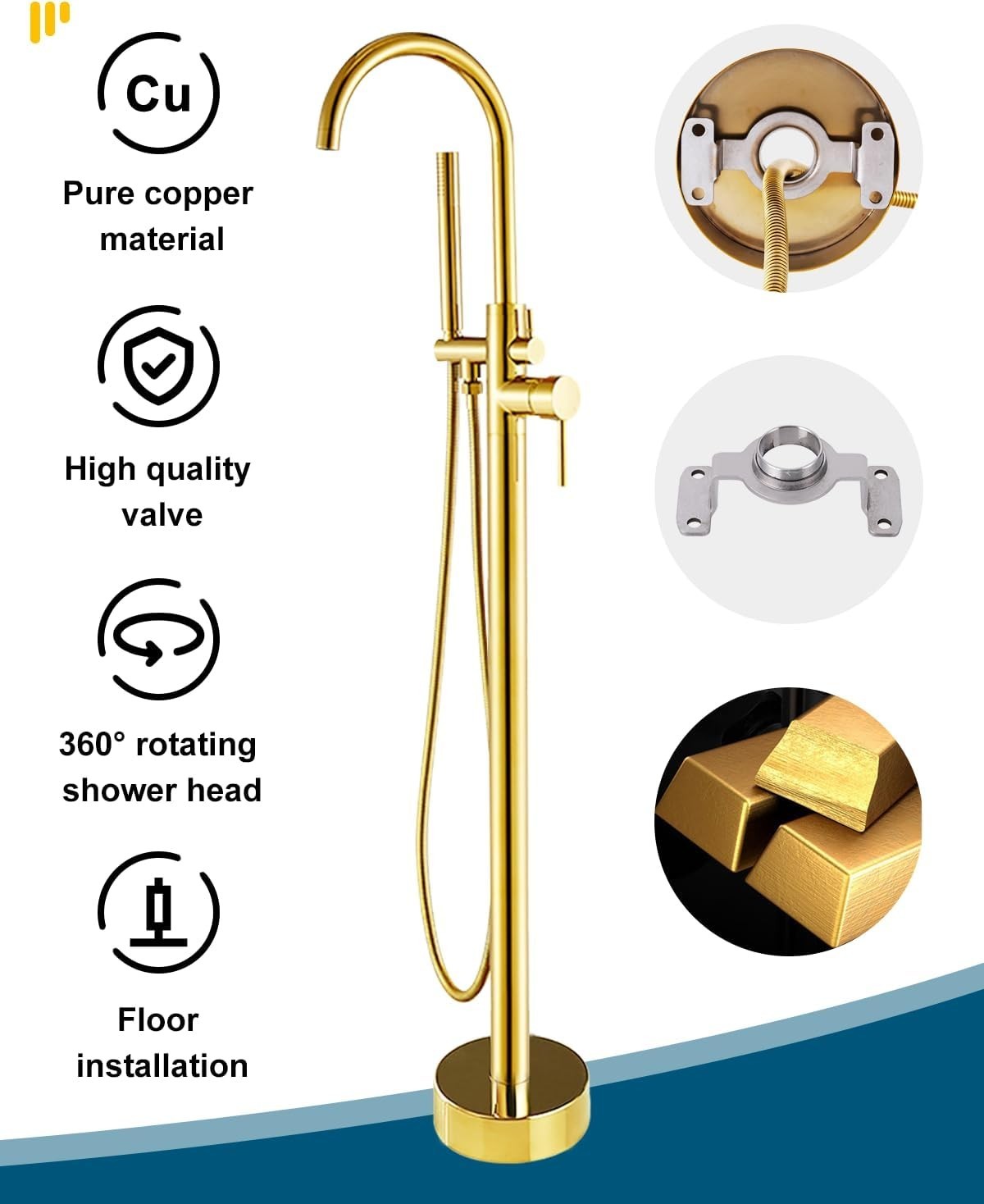 Freestanding Bathtub Tap Floor Mounted Shower Faucet Golden Brass Mixer - Kwikley