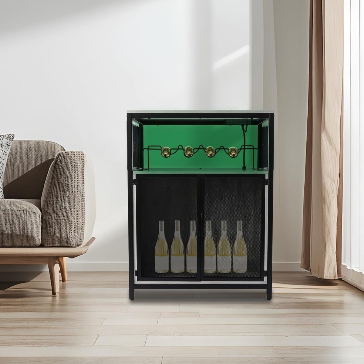 Freestanding Wine Bar Cabinet with RGB Lights & Glass Holder, Liquor Storage - Kwikley