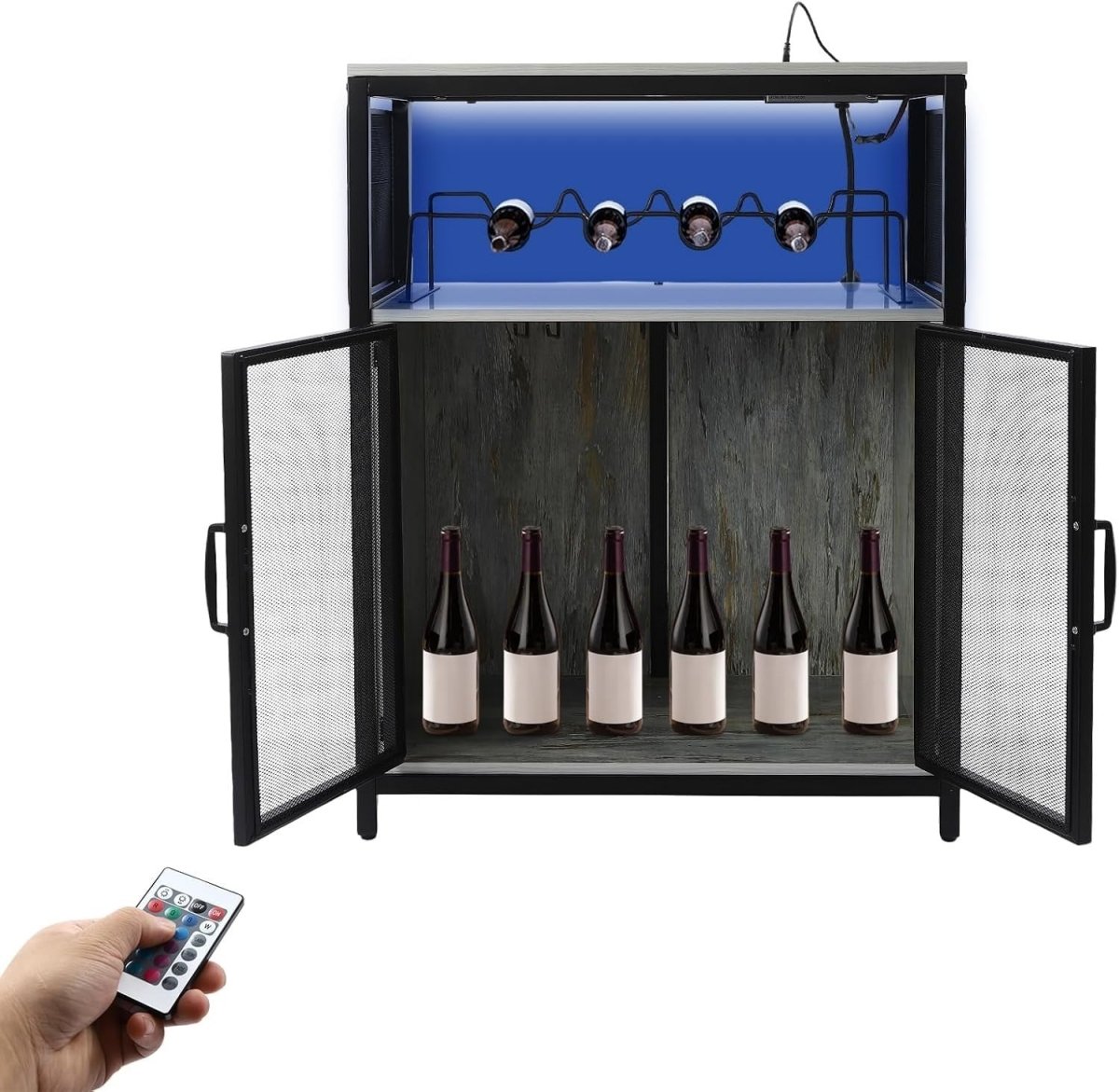 Freestanding Wine Bar Cabinet with RGB Lights & Glass Holder, Liquor Storage - Kwikley
