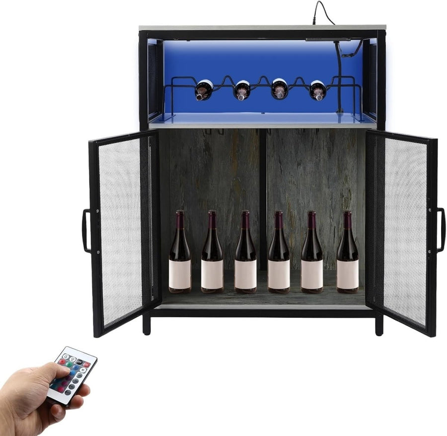 Freestanding Wine Bar Cabinet with RGB Lights & Glass Holder, Liquor Storage - Kwikley