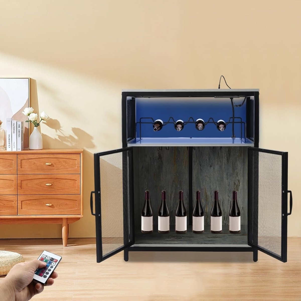 Freestanding Wine Bar Cabinet with RGB Lights & Glass Holder, Liquor Storage - Kwikley