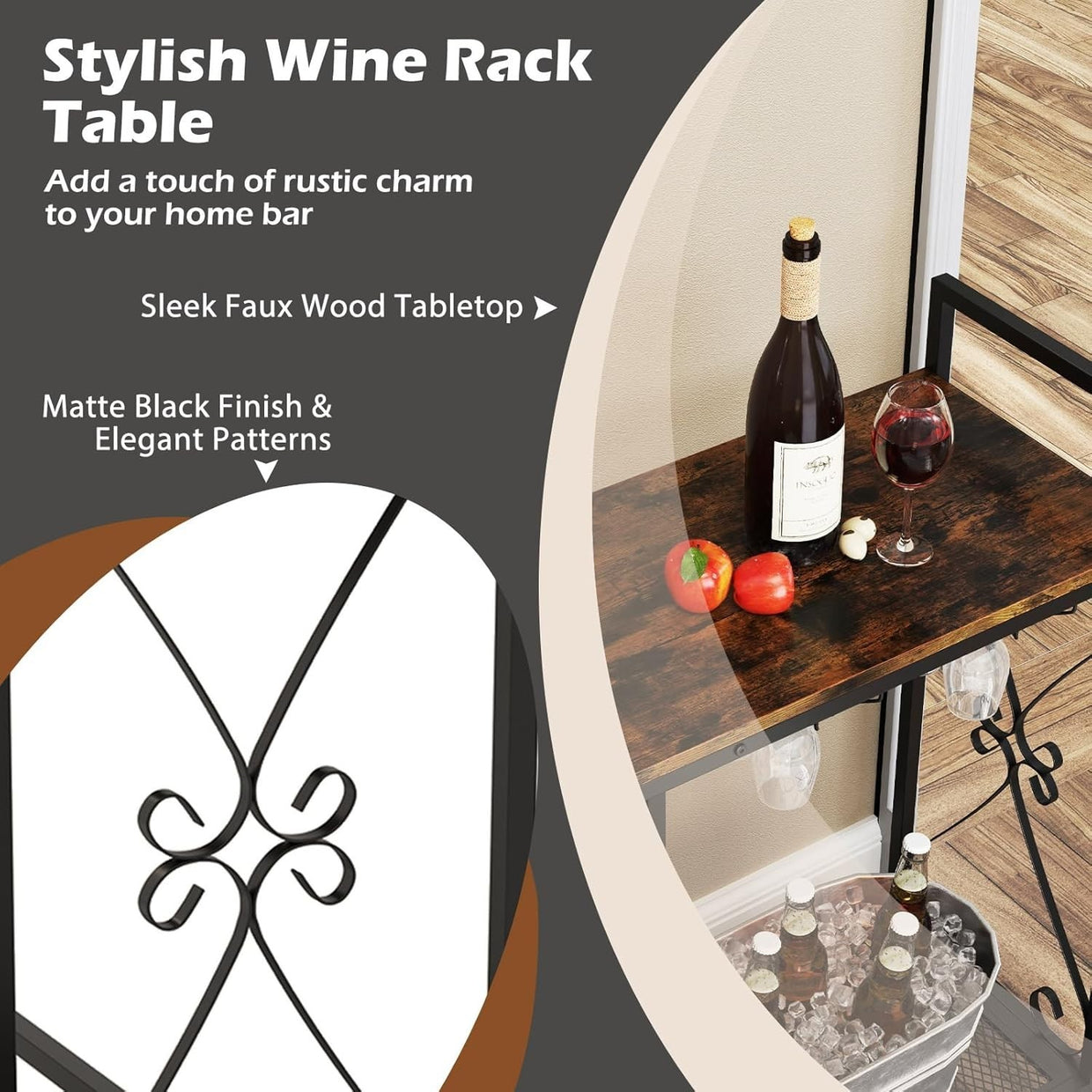 Freestanding Wine Rack Bar Cabinet w/ Glass Holders & Storage Shelf Rustic Brown - Kwikley