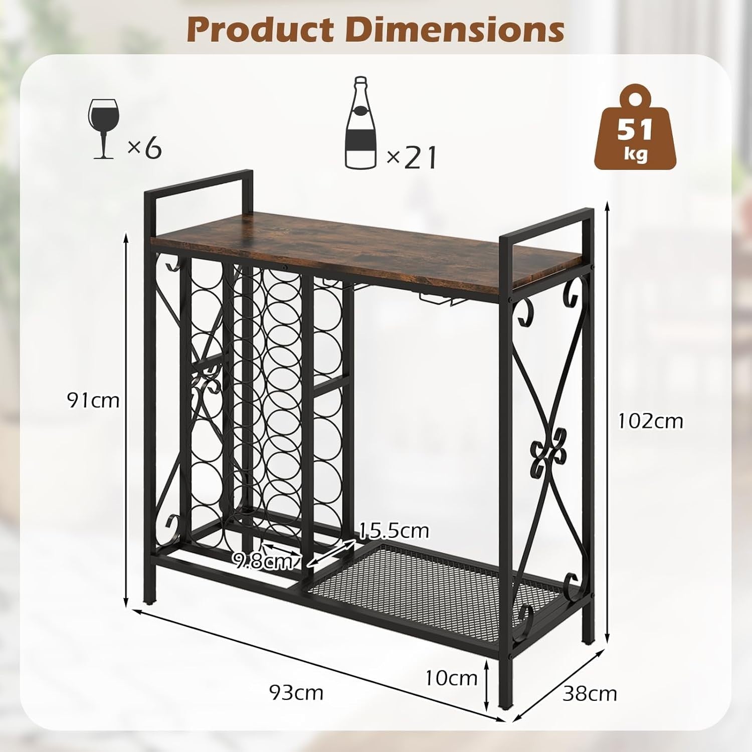 Freestanding Wine Rack Bar Cabinet w/ Glass Holders & Storage Shelf Rustic Brown - Kwikley