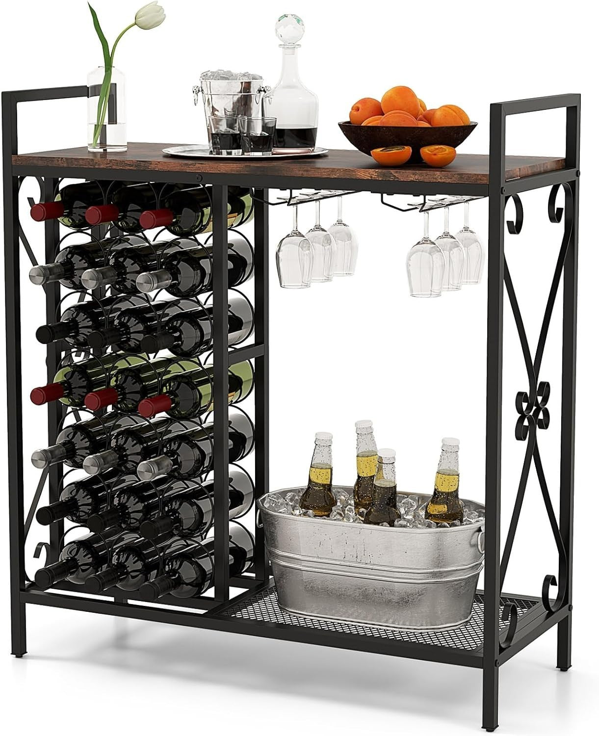 Freestanding Wine Rack Bar Cabinet w/ Glass Holders & Storage Shelf Rustic Brown - Kwikley