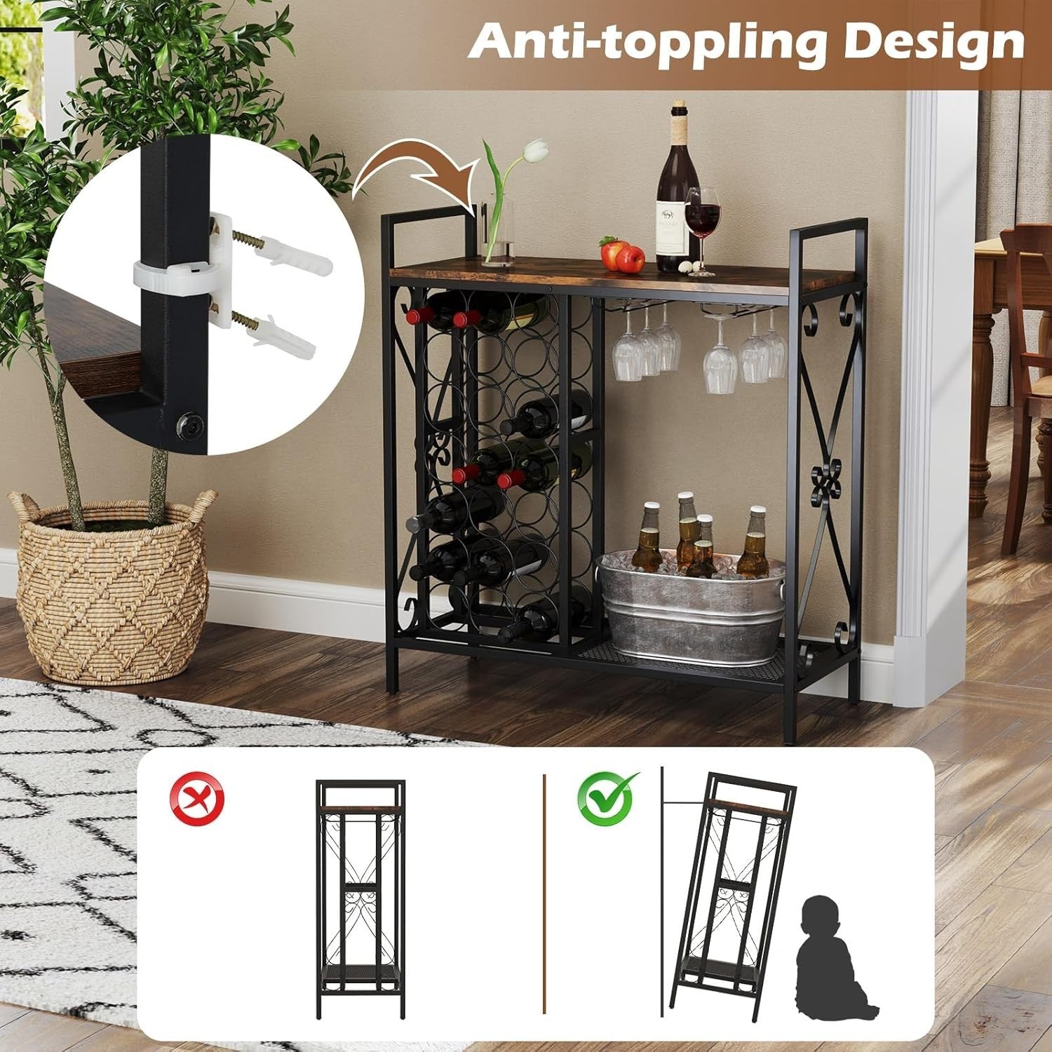 Freestanding Wine Rack Bar Cabinet w/ Glass Holders & Storage Shelf Rustic Brown - Kwikley