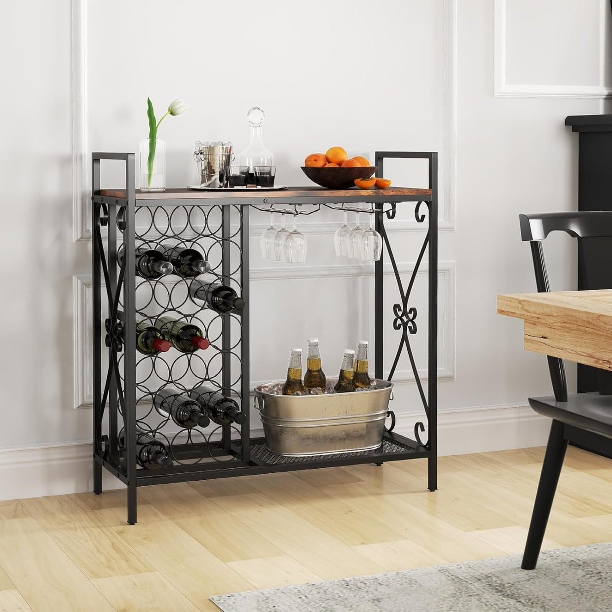 Freestanding Wine Rack Bar Cabinet w/ Glass Holders & Storage Shelf Rustic Brown - Kwikley
