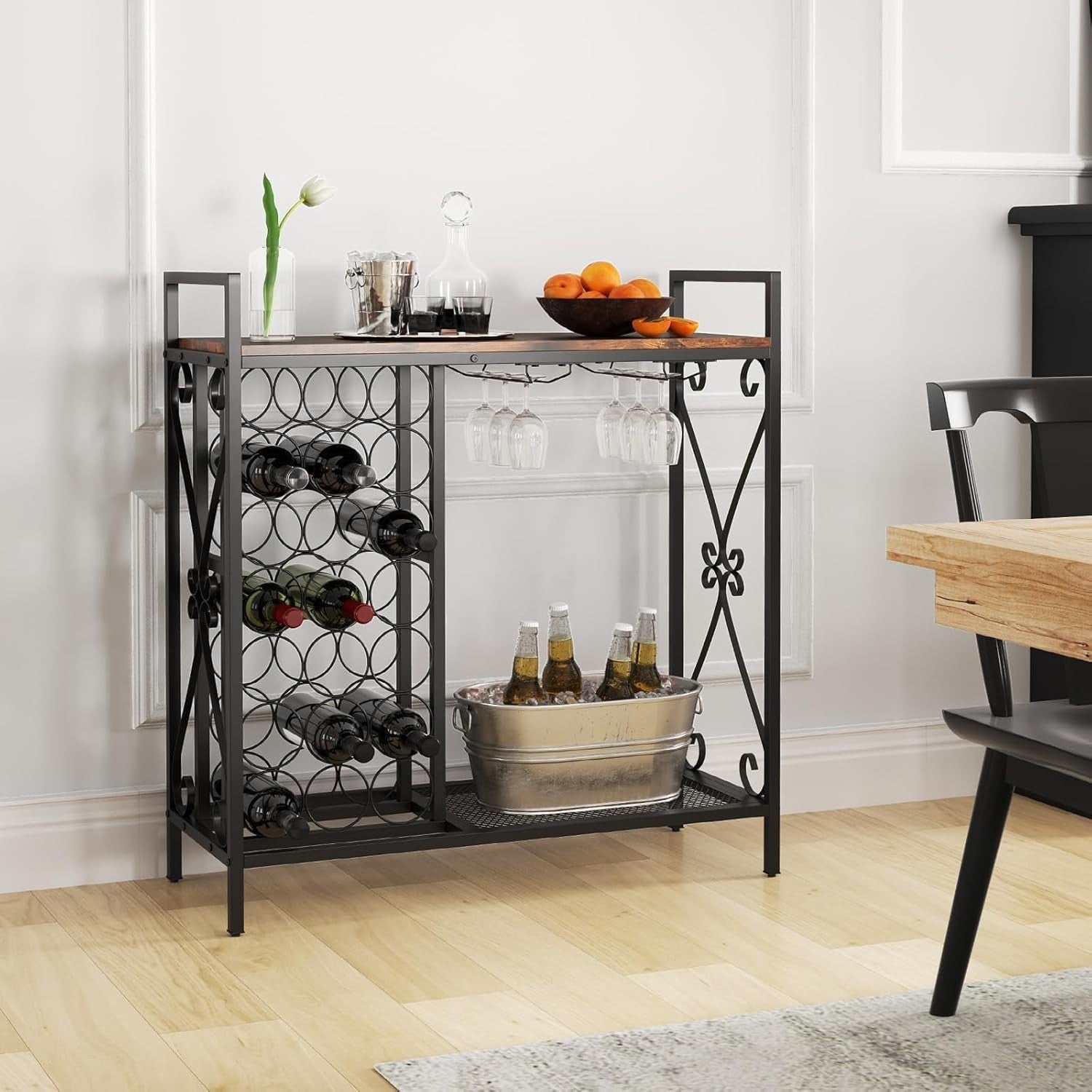 Freestanding Wine Rack Bar Cabinet w/ Glass Holders & Storage Shelf Rustic Brown - Kwikley