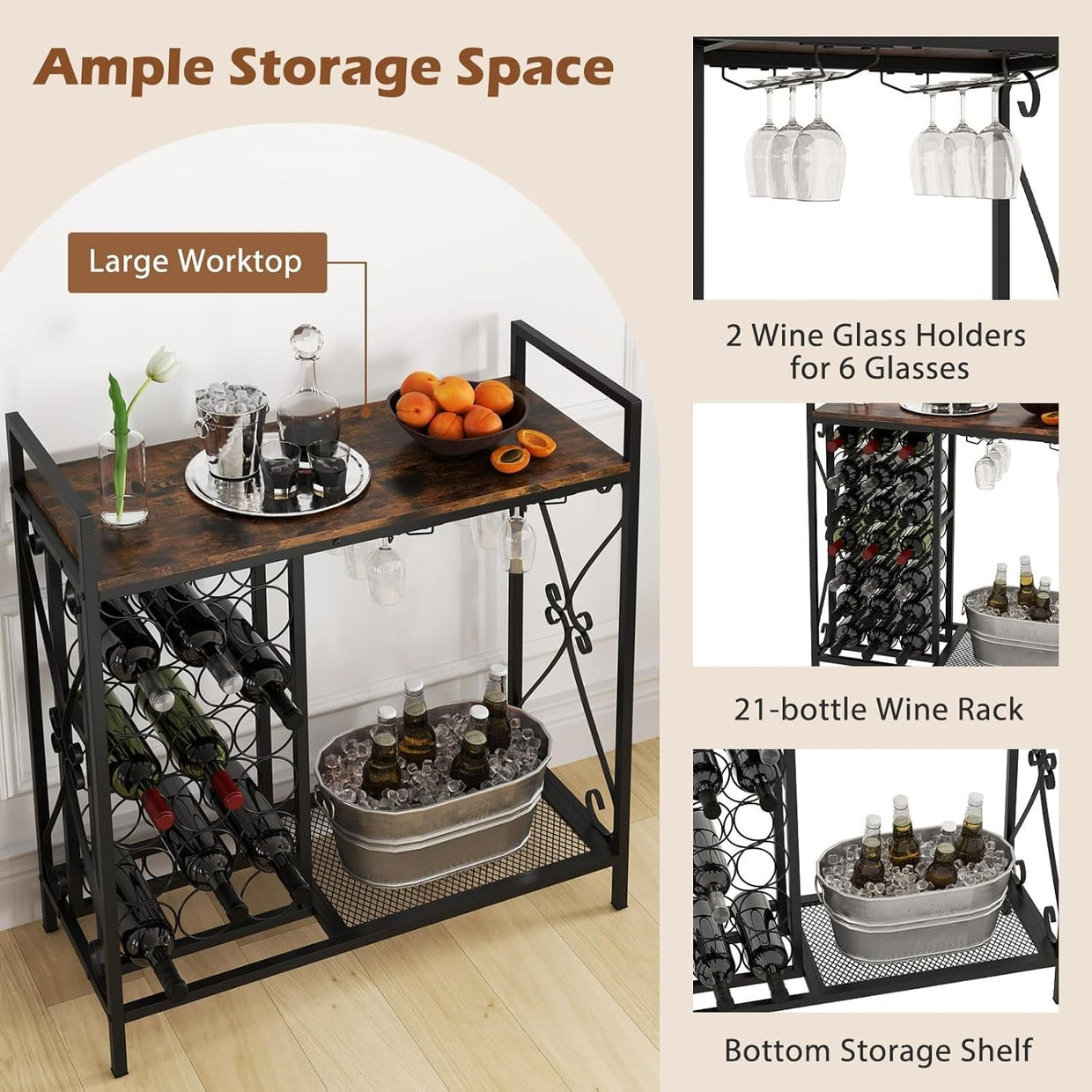 Freestanding Wine Rack Bar Cabinet w/ Glass Holders & Storage Shelf Rustic Brown - Kwikley