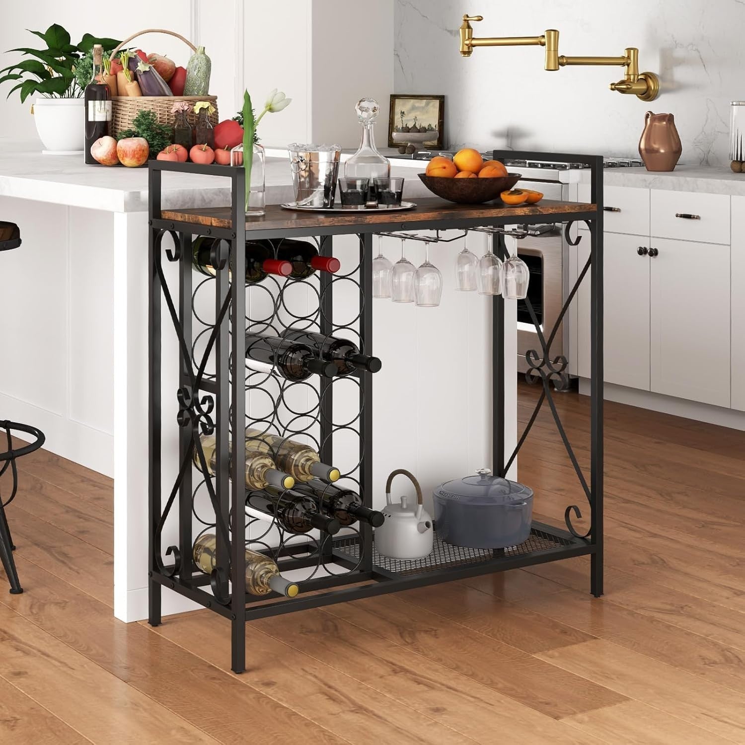 Freestanding Wine Rack Bar Cabinet w/ Glass Holders & Storage Shelf Rustic Brown - Kwikley